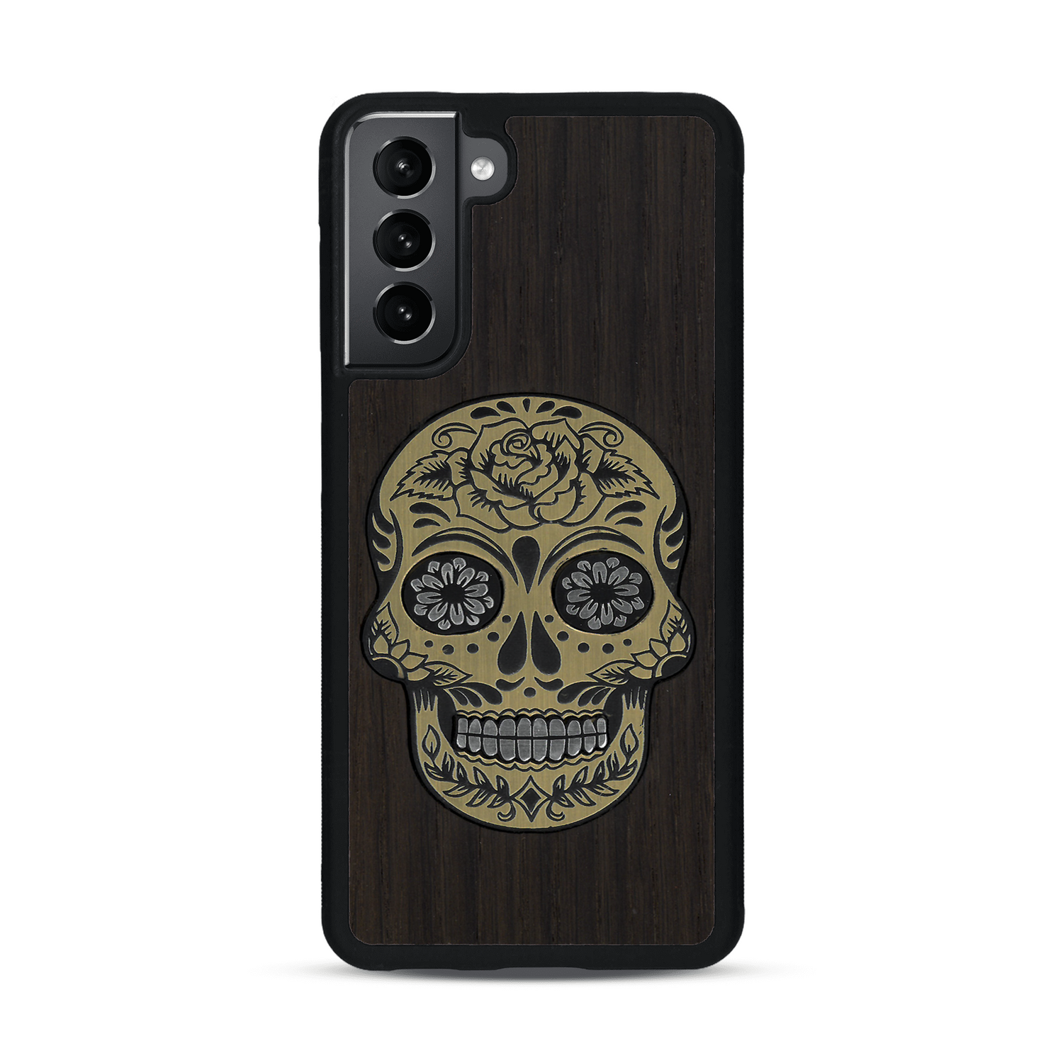 Coque de protection en bois véritable fabriquée en France pour  alliant du chêne fumé avec du métal argenté et doré représentant une tête de mort mexicaine sur le thème Dia de los Muertos