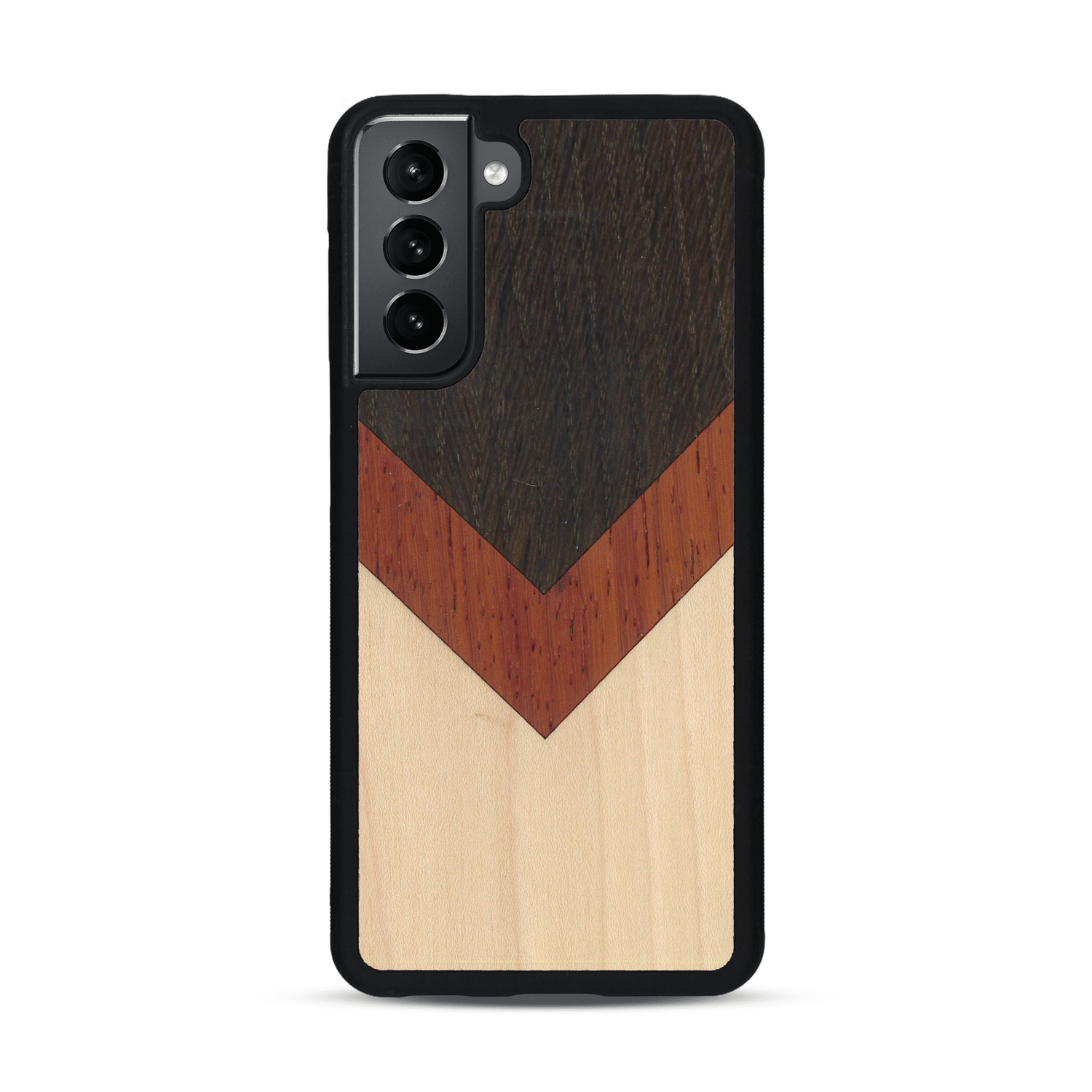 Coque de protection en bois véritable fabriquée en France pour  alliant du chêne fumé, du padouk et du bambou en forme de chevron sur le thème de l'art abstrait