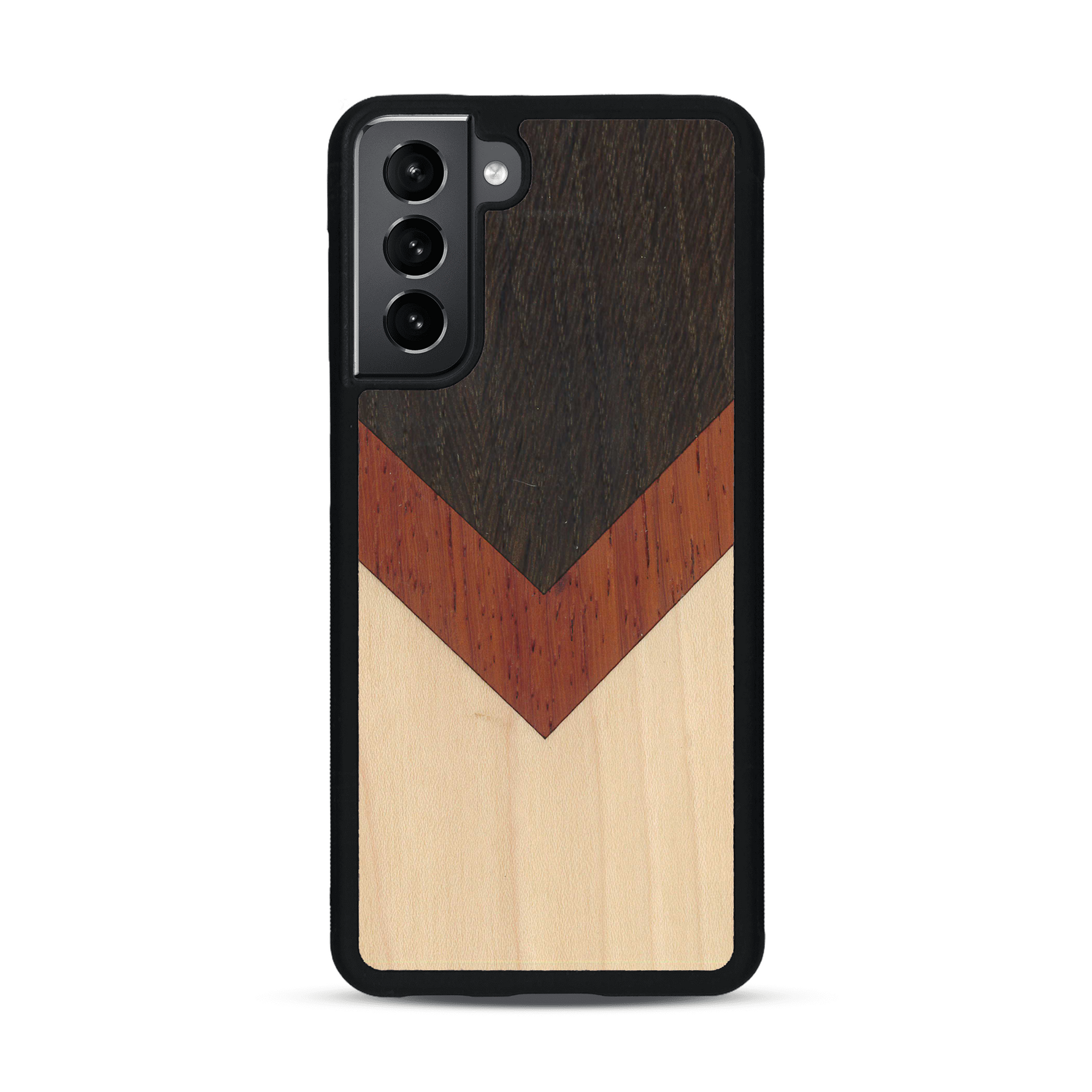 Coque de protection en bois véritable fabriquée en France pour  alliant du chêne fumé, du padouk et du bambou en forme de chevron sur le thème de l'art abstrait