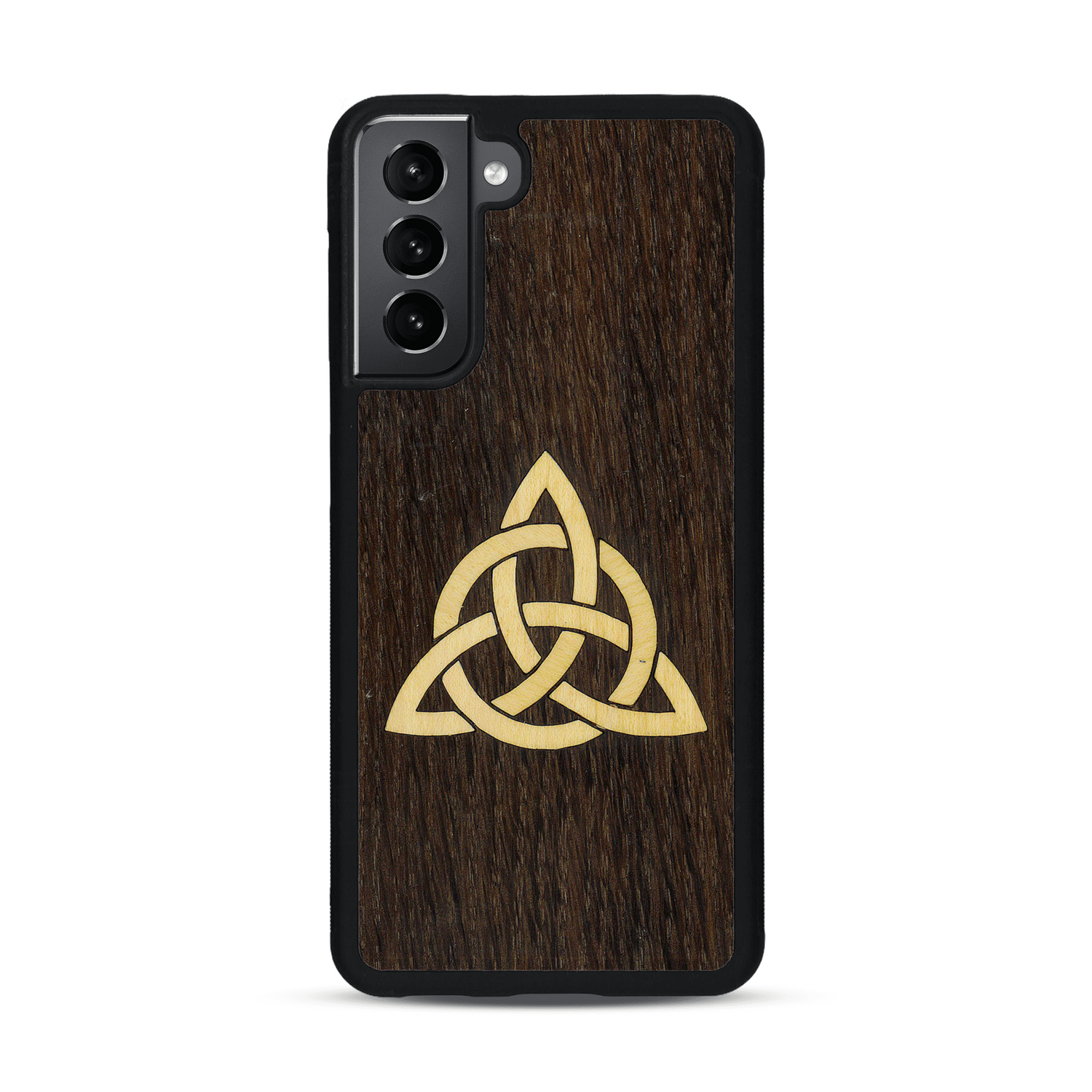 Coque de protection en bois véritable fabriquée en France pour  alliant du chêne fumé et du bambou représentant une triquetra