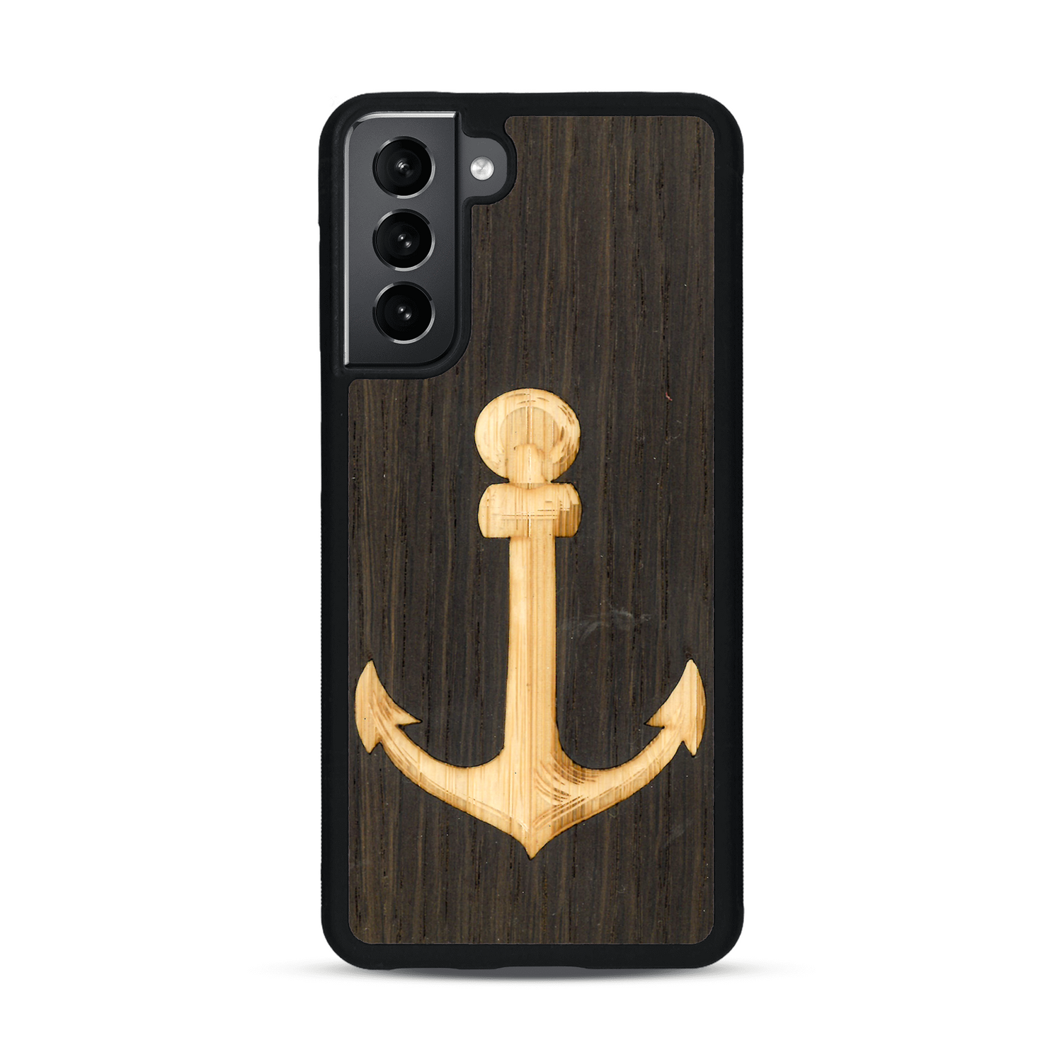 Coque de protection en bois véritable fabriquée en France pour  sur le thème nautique avec un bois clair et un bois foncé représentant une ancre de bateau