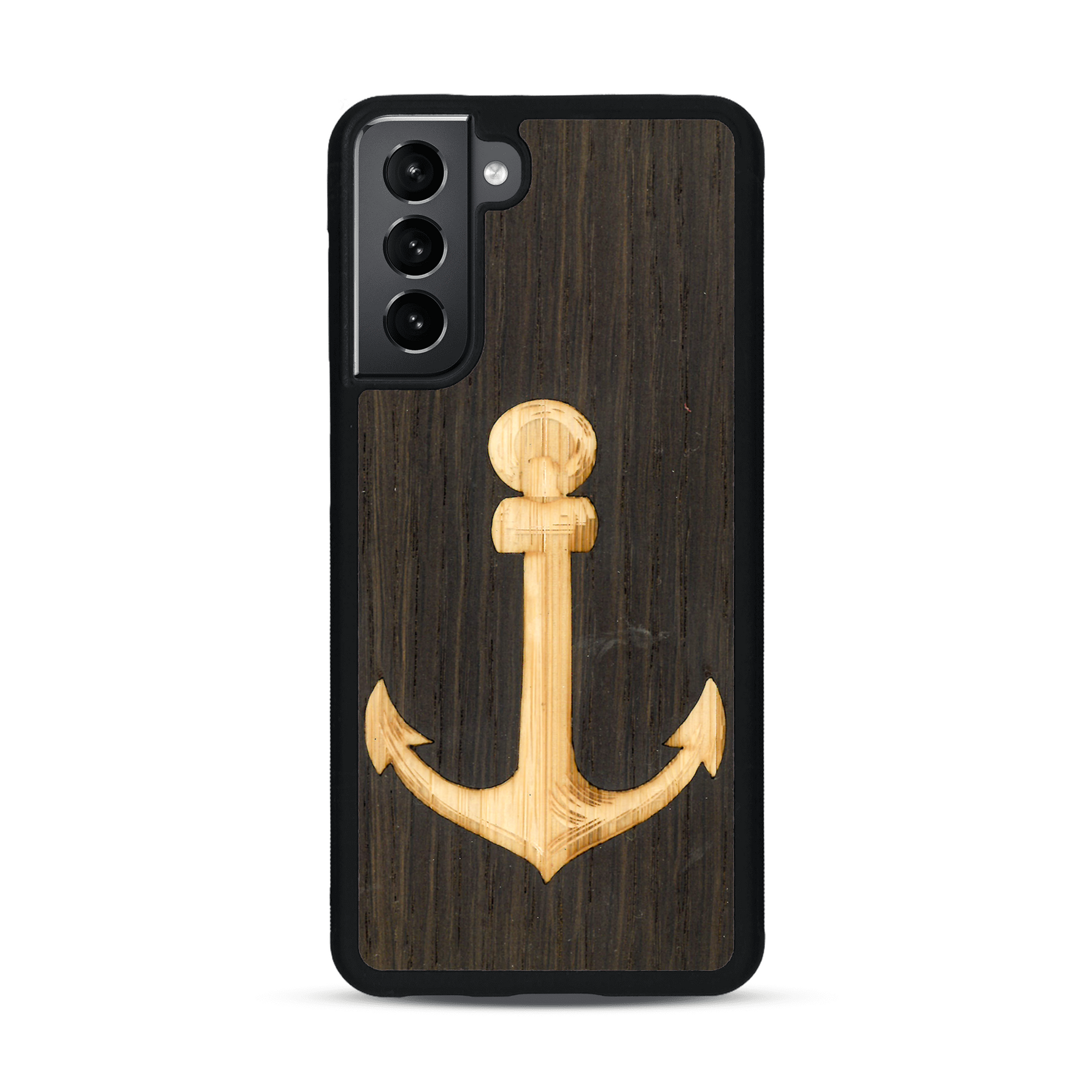 Coque de protection en bois véritable fabriquée en France pour  sur le thème nautique avec un bois clair et un bois foncé représentant une ancre de bateau
