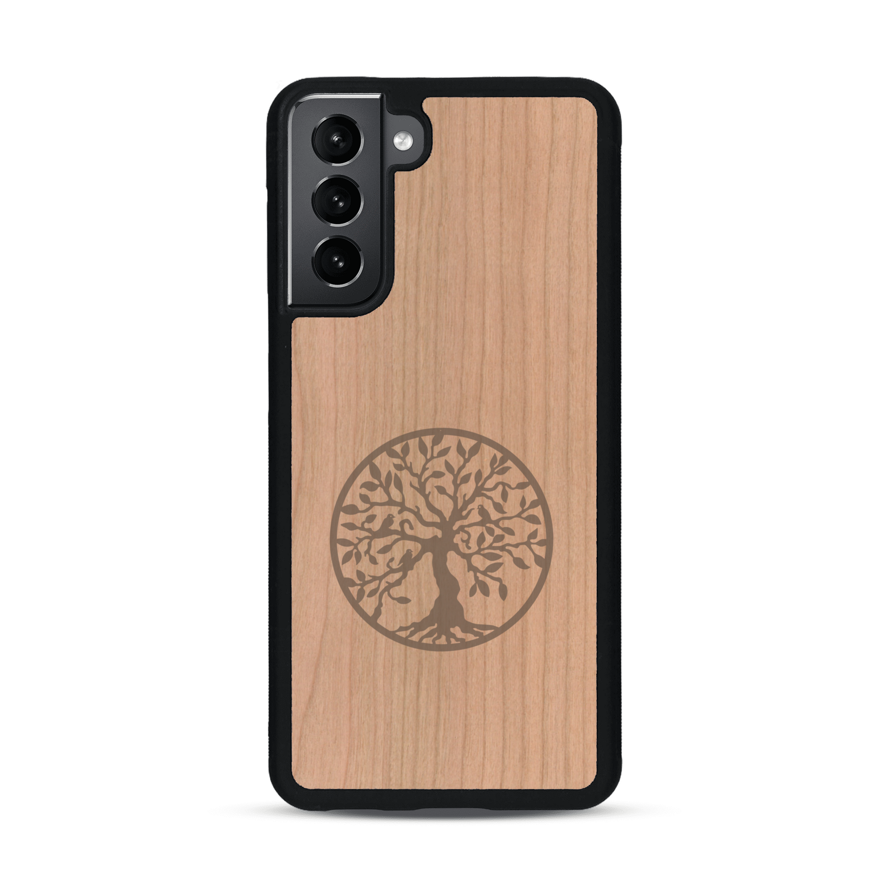 Coque de protection en bois véritable fabriquée en France pour  sur le thème de la spiritualité et du yoga avec une gravure zen représentant un arbre de vie