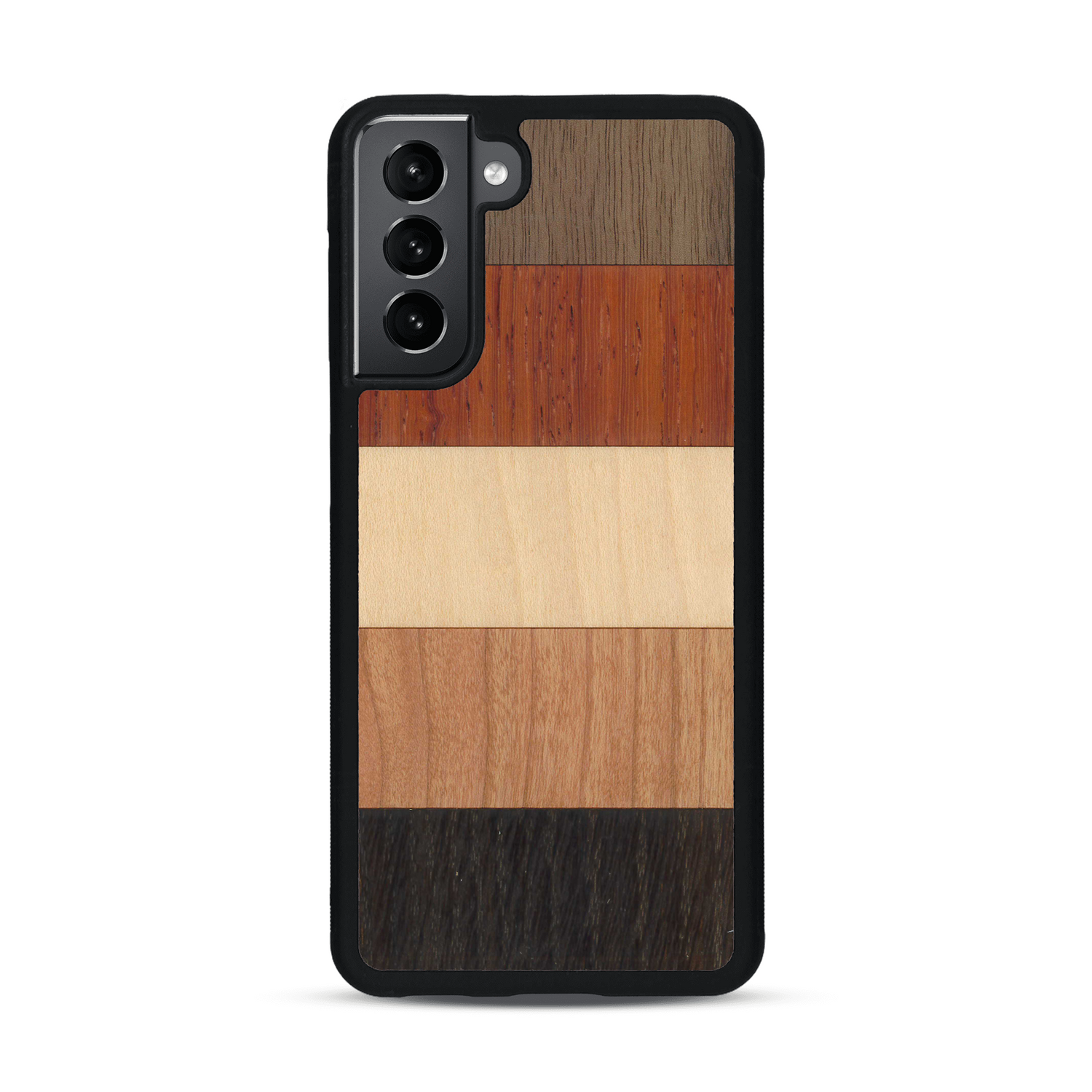 Coque de protection en bois véritable fabriquée en France pour  alliant des bandes horizontales de bambou, merisier, padouk, noyer et chêne fumé