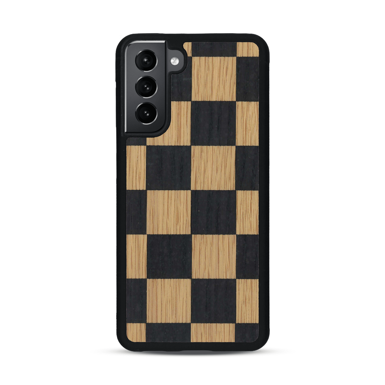Coque de protection en bois véritable fabriquée en France pour  alliant plusieurs essences de bois pour représenter un damier