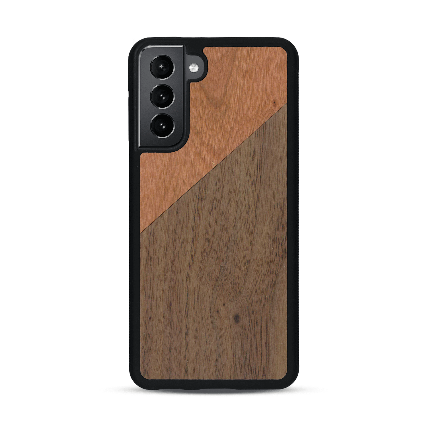 Coque de protection en bois véritable fabriquée en France pour  alliant du merisier et du noyer formant chacun un triangle avec une jointure en diagonale sur le thème de l'art abstrait
