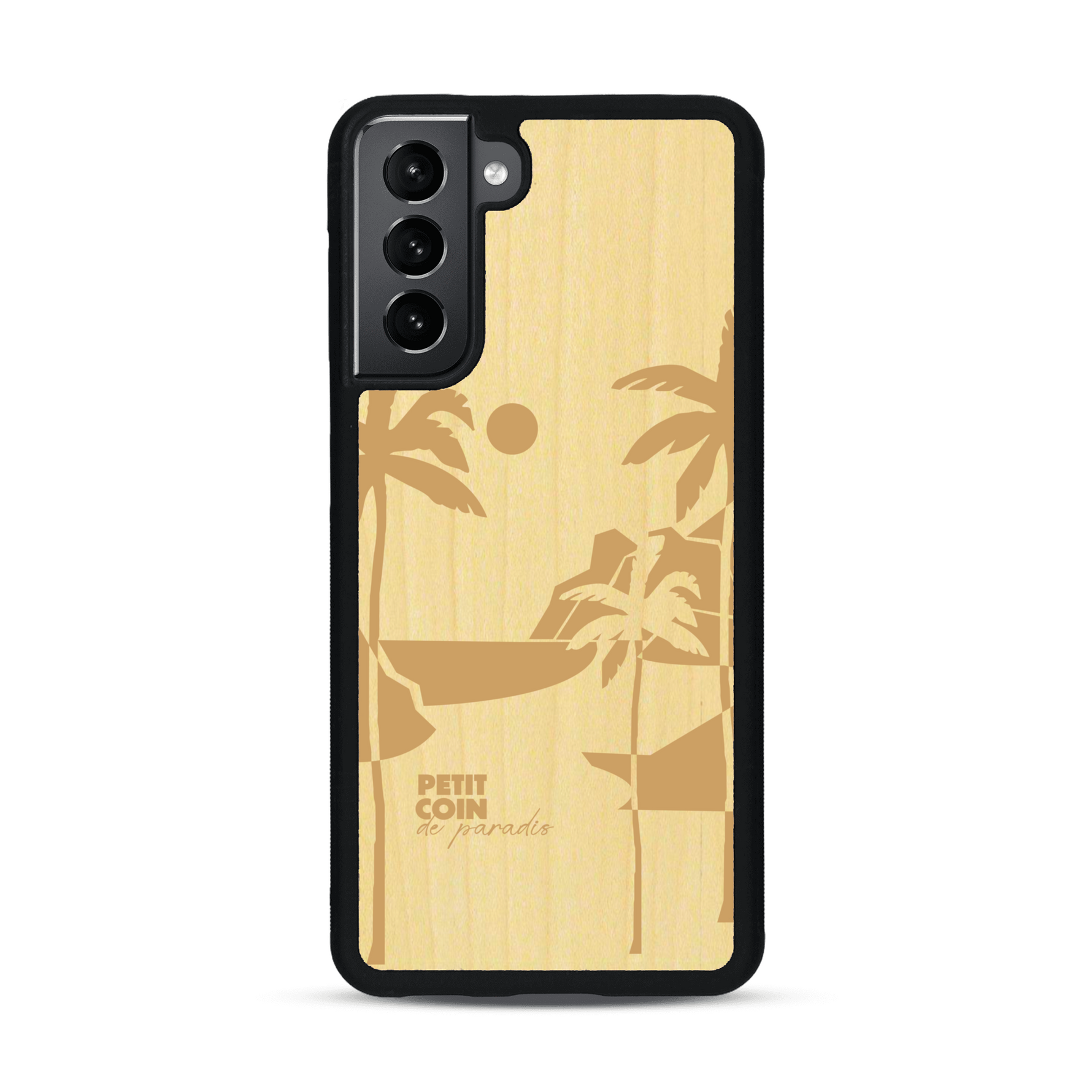 Coque de protection en bois véritable fabriquée en France pour  sur le thème des voyages en vans, vanlife et chill avec une gravure représentant un van vw combi devant le soleil couchant sur une plage avec des vagues