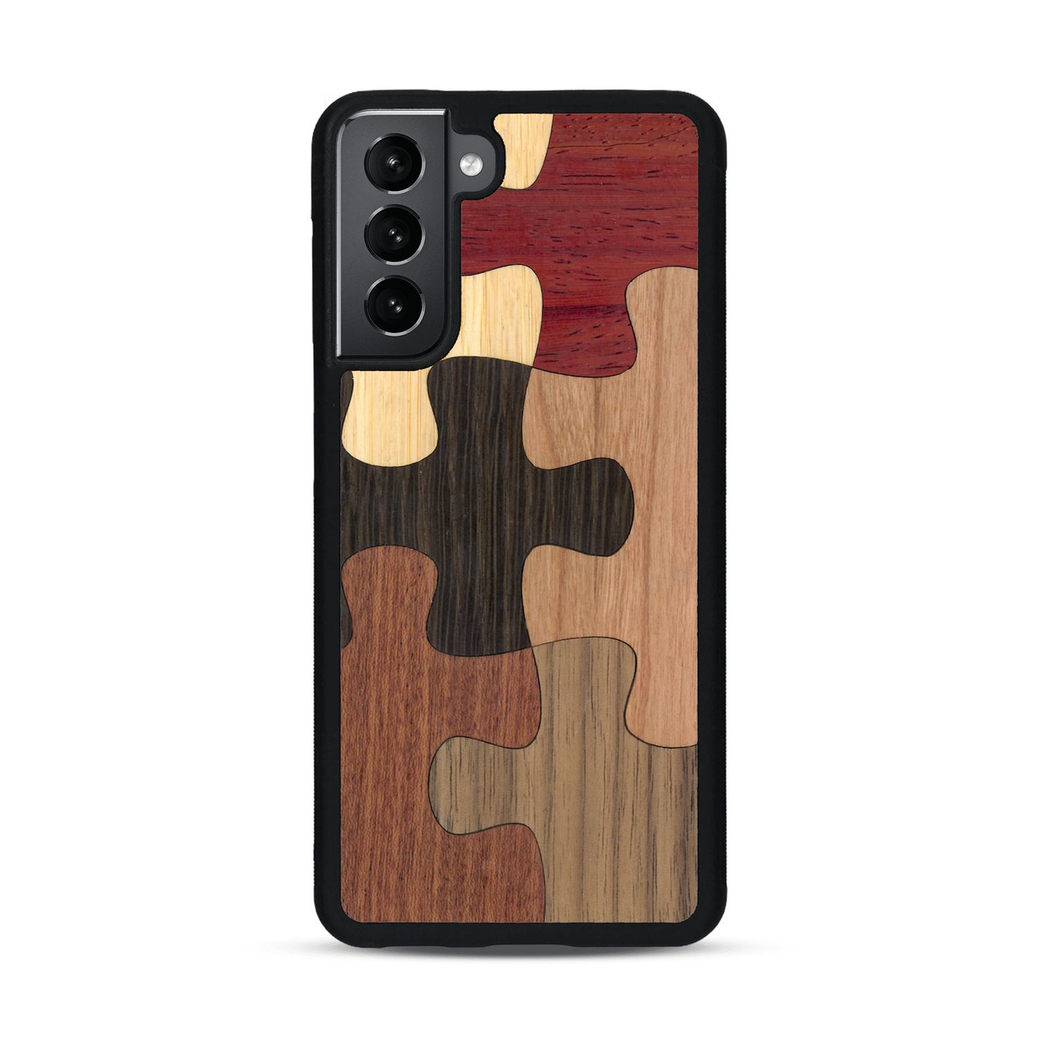 Coque de protection en bois véritable fabriquée en France pour  représentant un puzzle en six pièces qui allie du chêne fumé, du noyer, du bambou, du padouk, du merisier et de l'acajou