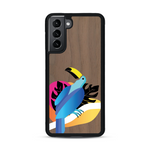 Coque de protection en bois véritable fabriquée en France pour Samsung S21 représentant un toucan coloré avec un design moderne et minimaliste sur le thème de la jungle et de la nature