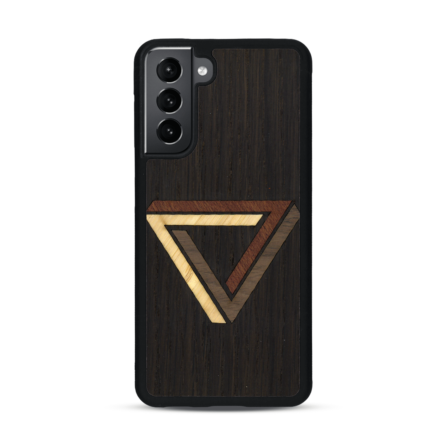 Coque de protection en bois véritable fabriquée en France pour  sur le thème de l'art géométrique qui allie du chêne fumé, du noyer, du bambou et du padouk représentant le triangle de penrose