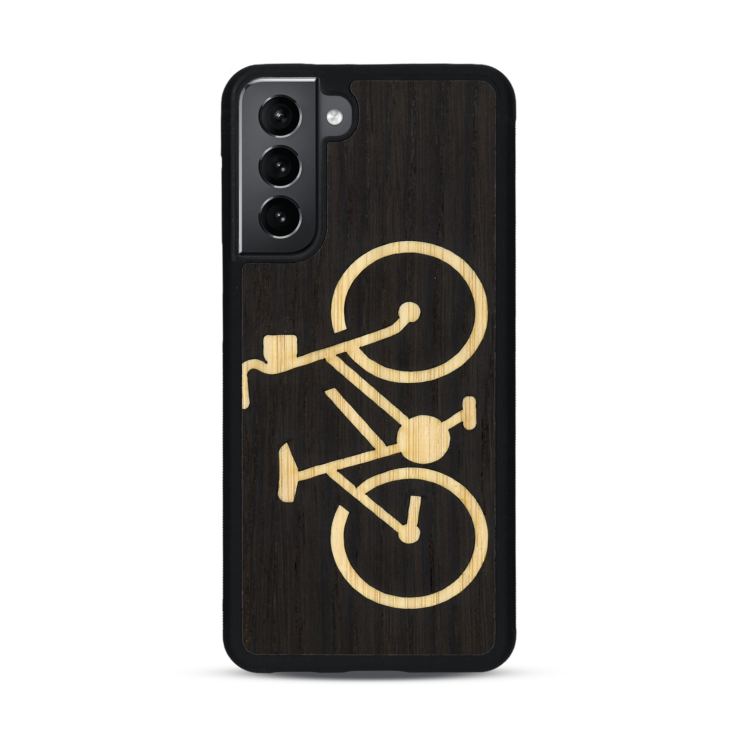 Coque de protection en bois véritable fabriquée en France pour  sur le theme du vélo et de l'outdoor qui allie du bambou et du chêne fumé représentant un vélo