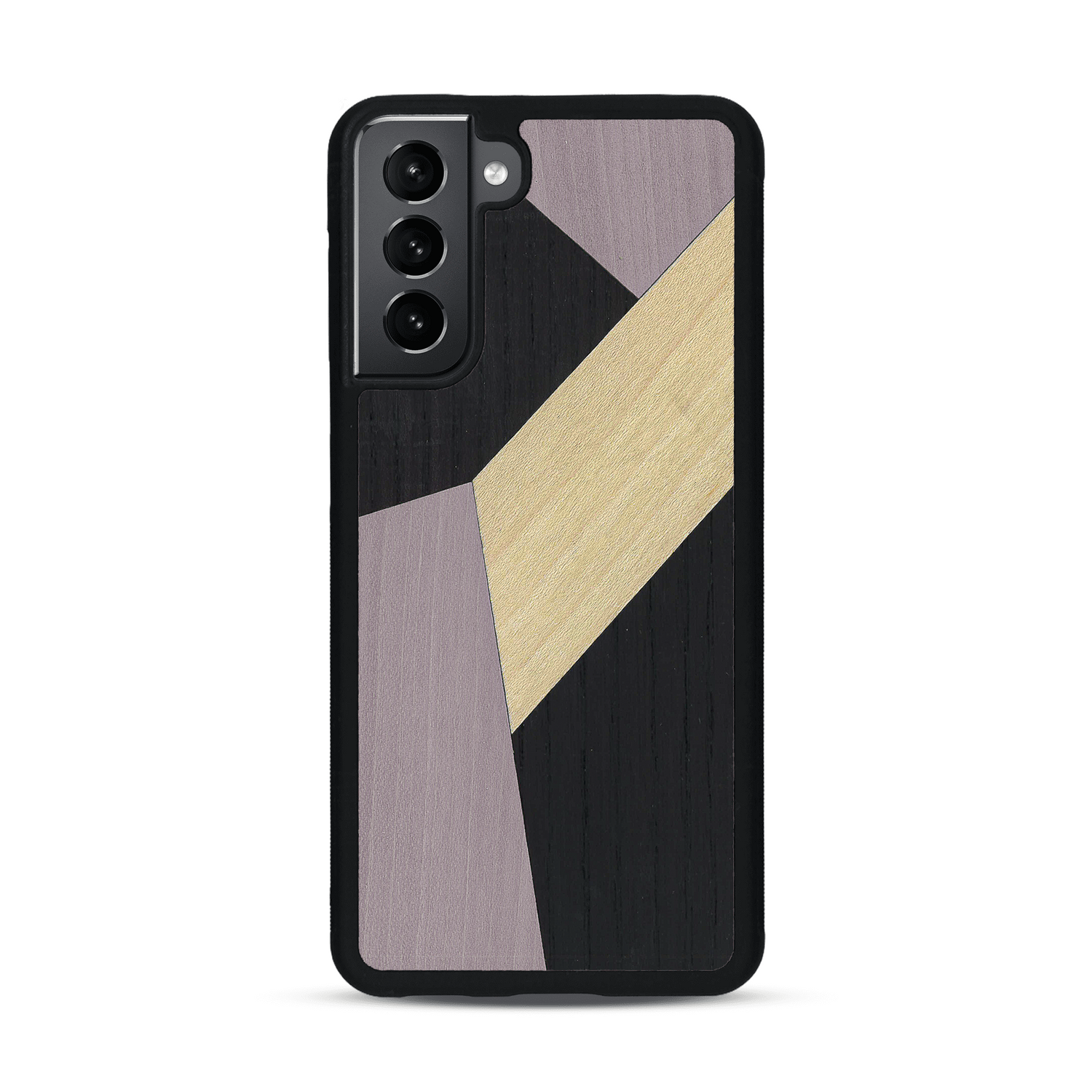Coque de protection en bois véritable fabriquée en France pour  alliant du bambou, du tulipier mauve et noir en forme de mosaïque minimaliste sur le thème de l'art abstrait