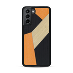 Coque de protection en bois véritable fabriquée en France pour  alliant du bambou, du tulipier orange et noir en forme de mosaïque minimaliste sur le thème de l'art abstrait