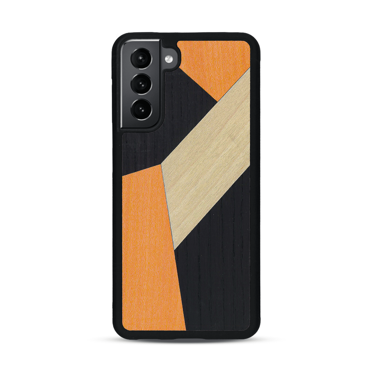 Coque de protection en bois véritable fabriquée en France pour  alliant du bambou, du tulipier orange et noir en forme de mosaïque minimaliste sur le thème de l'art abstrait