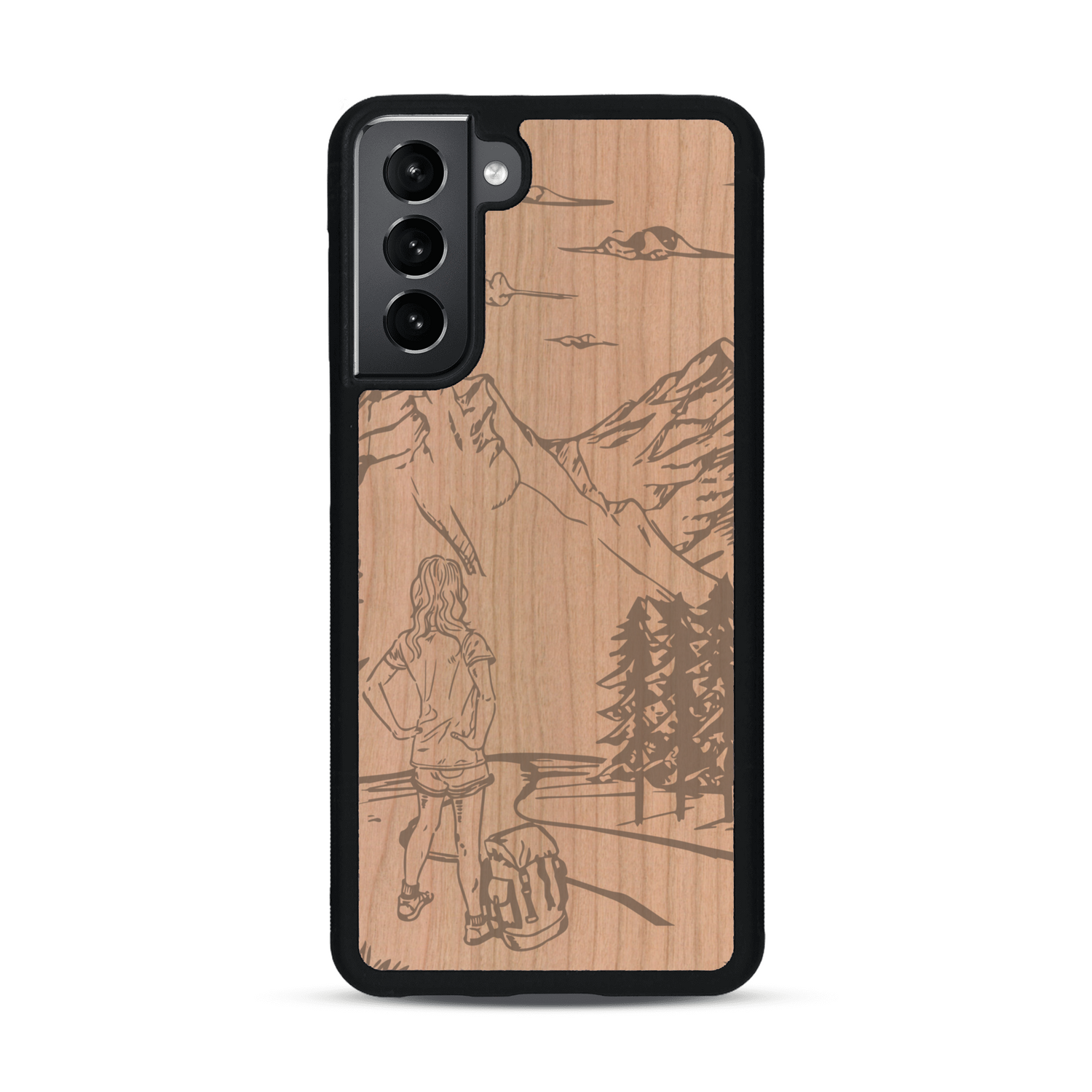 Coque de protection en bois véritable fabriquée en France pour  sur le thème de la randonnée en montagne et de l'aventure avec une gravure représentant une femme de dos face à un paysage de nature