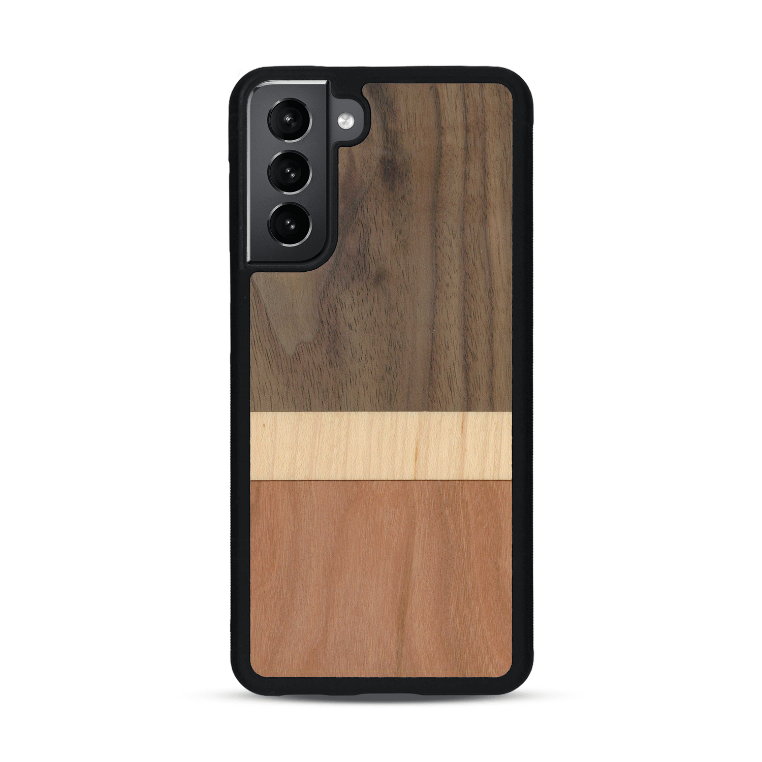 Coque de protection en bois véritable fabriquée en France pour  alliant des bandes horizontales de bambou, merisier et noyer