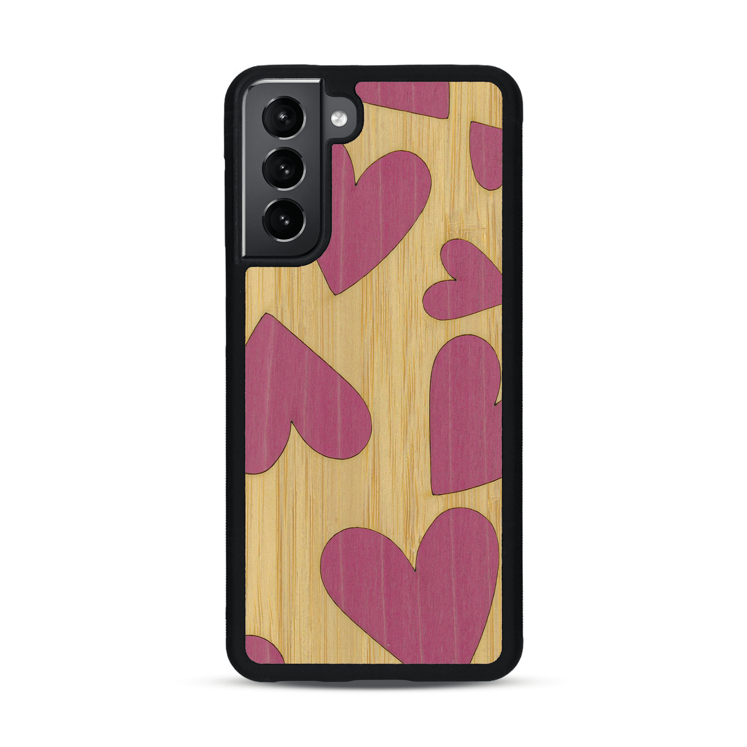 Coque de protection en bois véritable fabriquée en France pour  alliant plusieurs essences de bois pour représenter des coeurs pour les amoureux