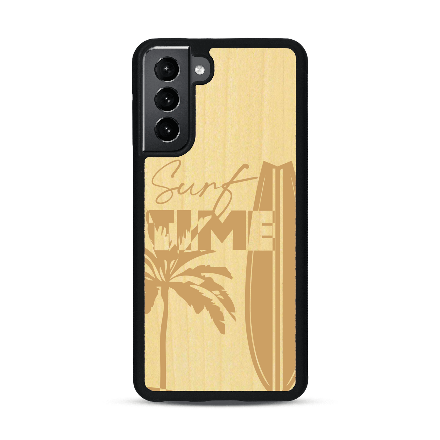 Coque de protection en bois véritable fabriquée en France pour  sur le thème chill avec un motif représentant une silouhette tenant une planche de surf sur une plage entouré de palmiers et les mots "Surf Time Long Beach Miami"