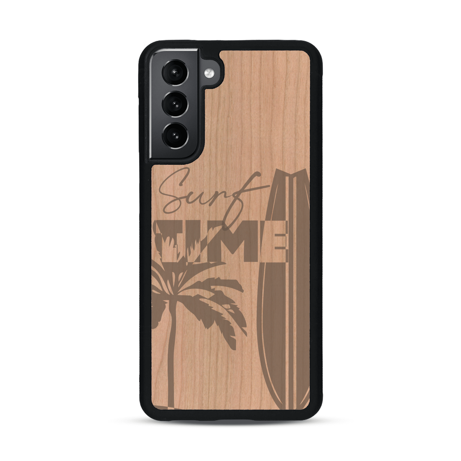 Coque de protection en bois véritable fabriquée en France pour  sur le thème chill avec un motif représentant une silouhette tenant une planche de surf sur une plage entouré de palmiers et les mots "Surf Time Long Beach Miami"
