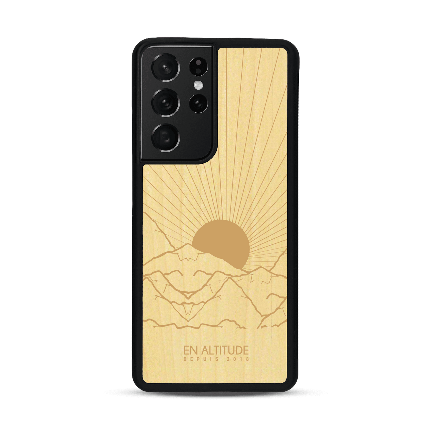 Coque de protection en bois véritable fabriquée en France pour  représentant des montagnes, sur le thème de la randonnée en pleine nature et du trail