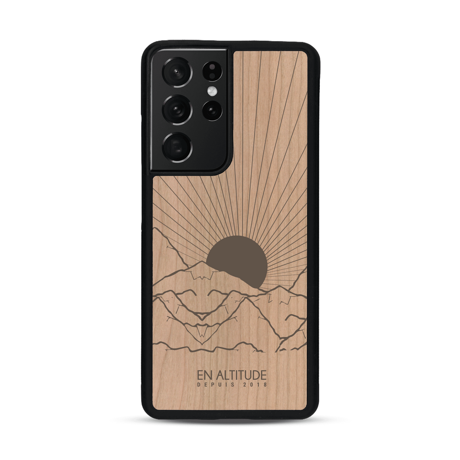 Coque de protection en bois véritable fabriquée en France pour  représentant des montagnes, sur le thème de la randonnée en pleine nature et du trail
