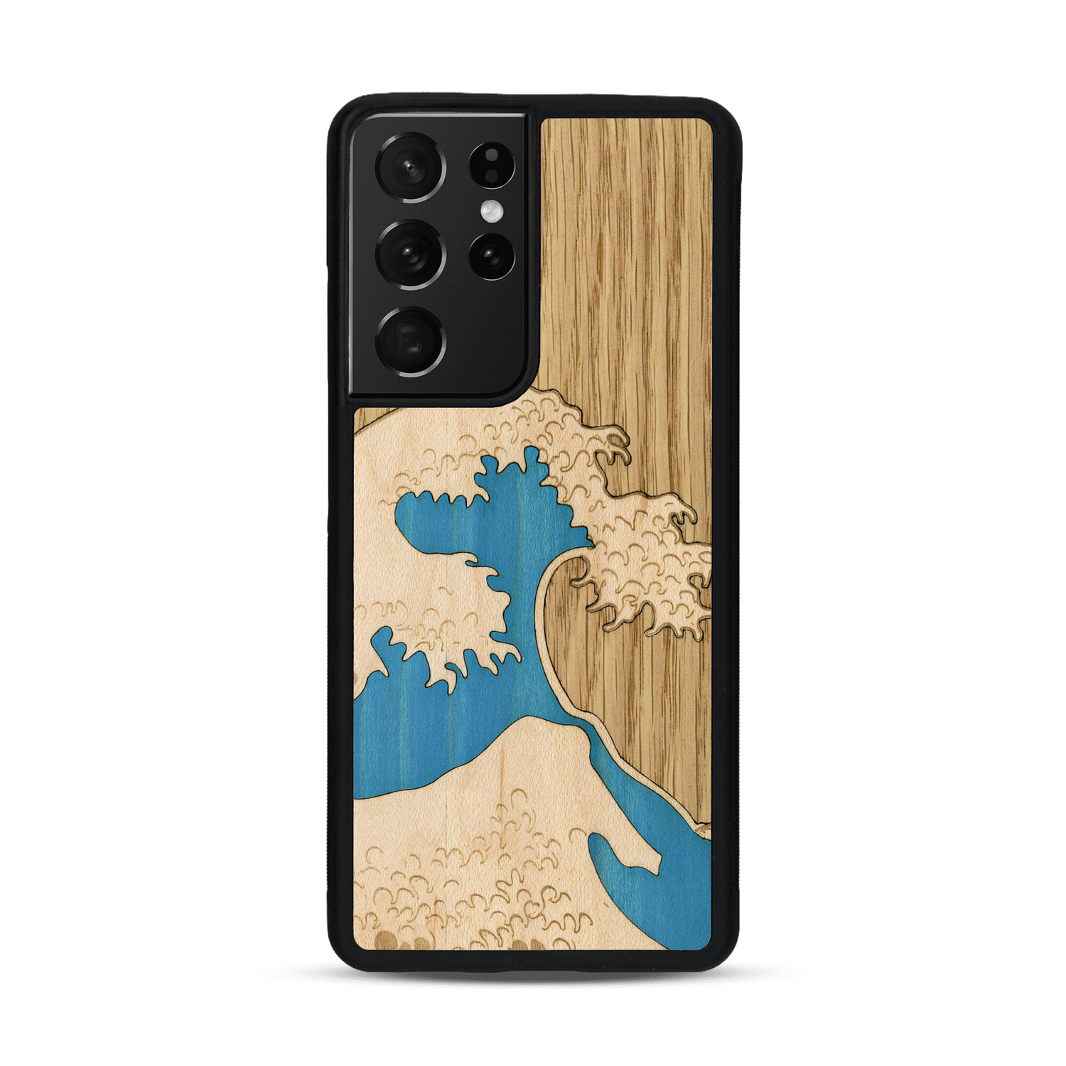 Coque de protection en bois véritable fabriquée en France pour  alliant plusieurs essences de bois pour représenter la célèbre grande vague de Kanagawa
