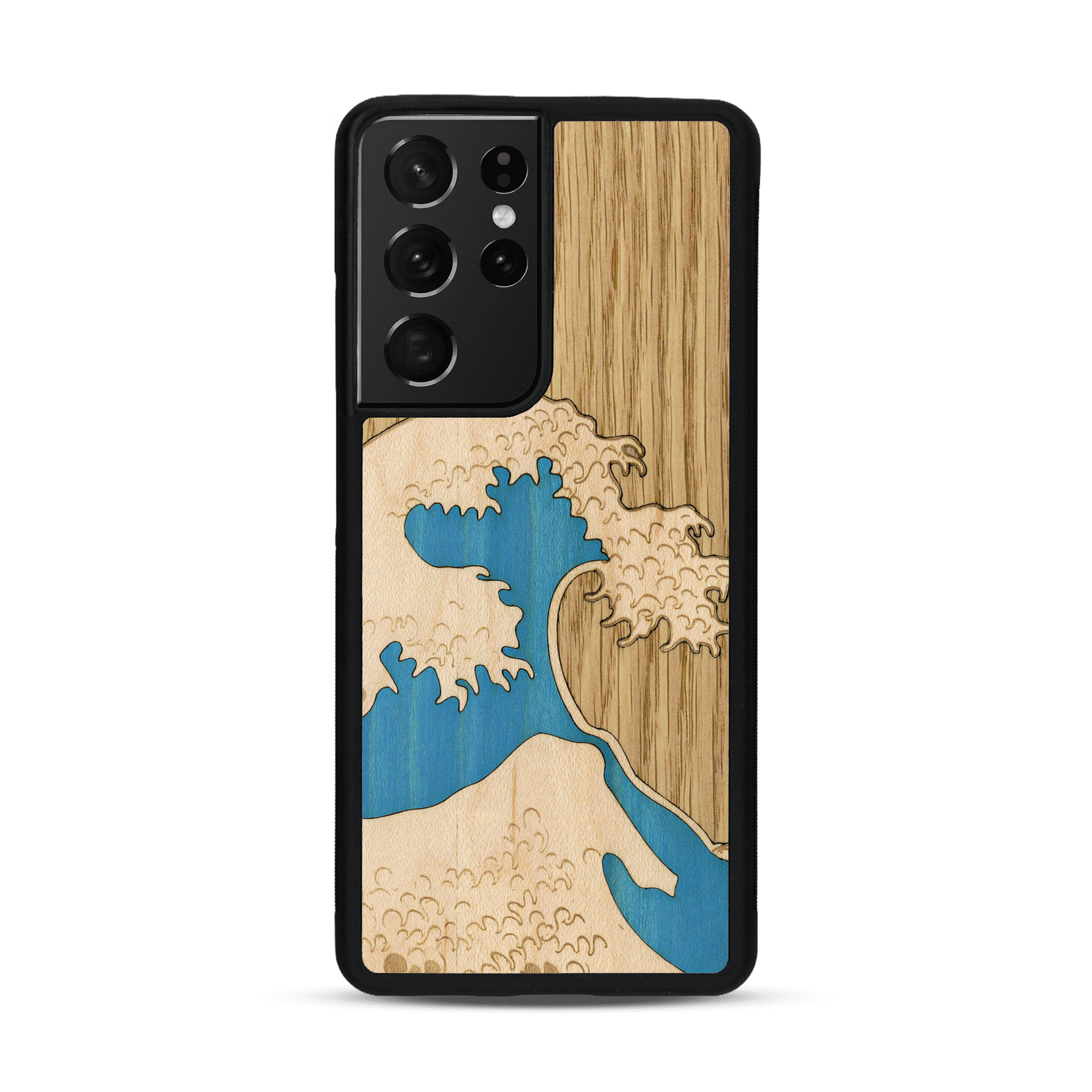 Coque de protection en bois véritable fabriquée en France pour  alliant plusieurs essences de bois pour représenter la célèbre grande vague de Kanagawa