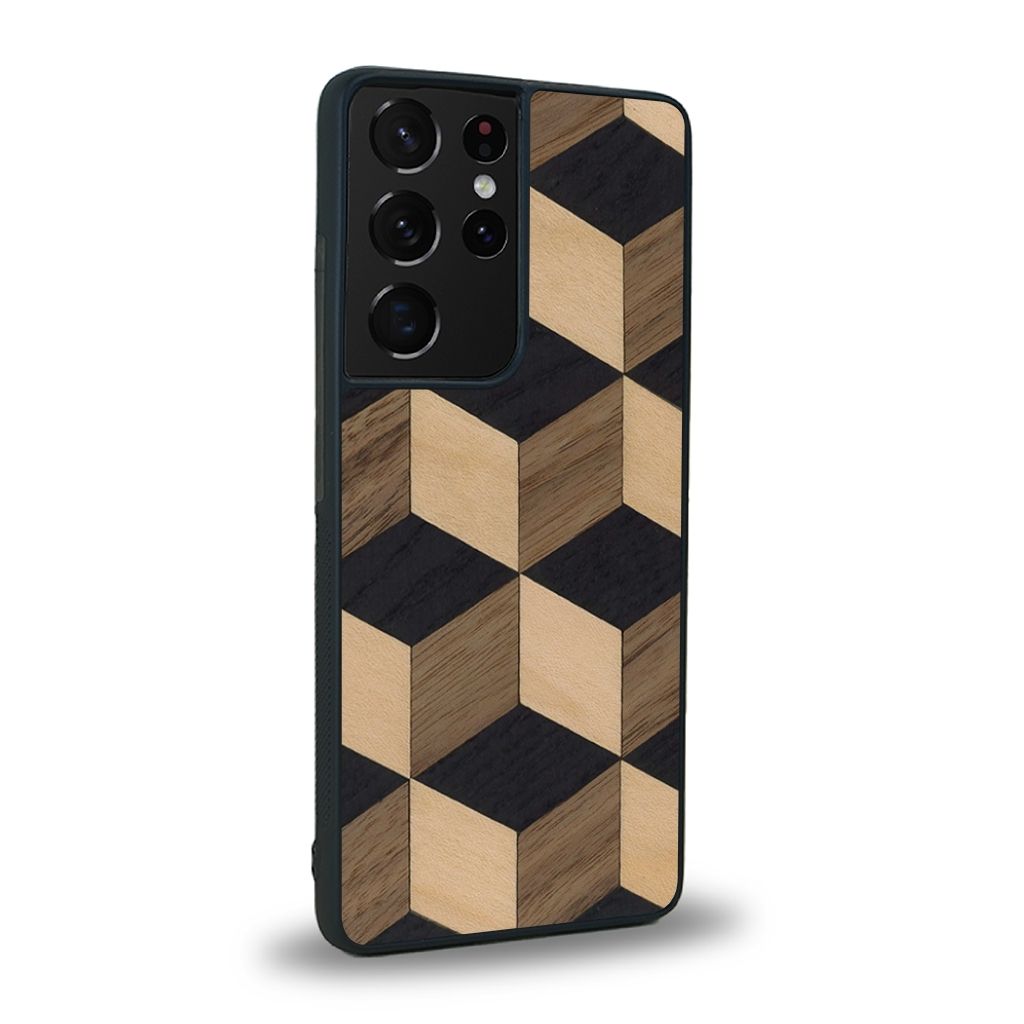 Coque de protection en bois véritable fabriquée en France pour Samsung S21 Ultra alliant plusieurs essences de bois pour représenter un classique intemporel de la marqueterie