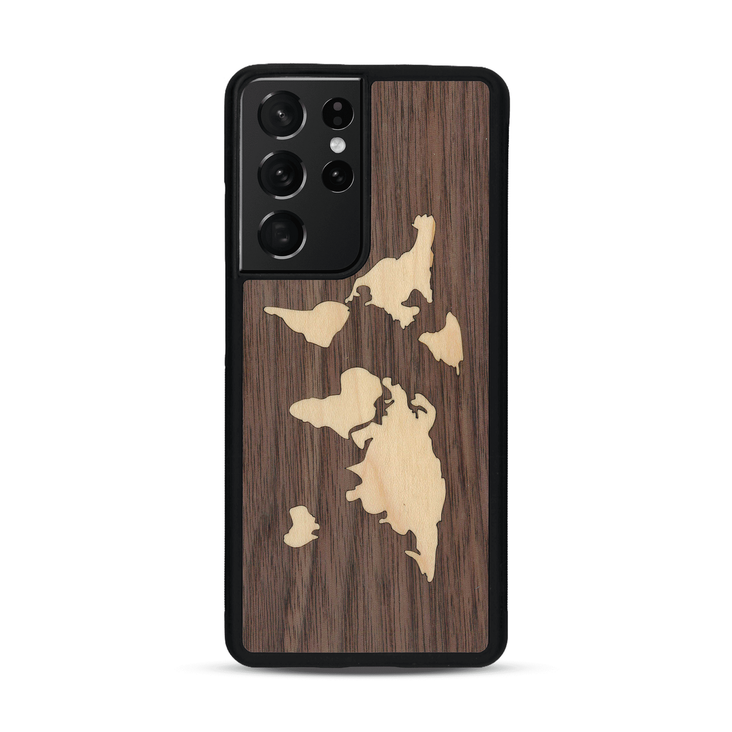 Coque de protection en bois véritable fabriquée en France pour  alliant du bambou et du noyer sur le thème du voyage et de l'aventure représentant une mappemonde