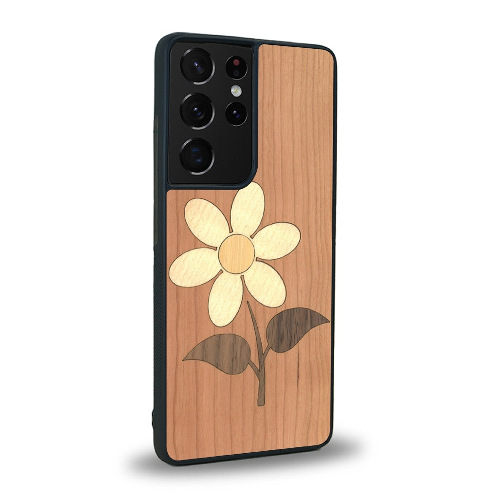 Coque de protection en bois véritable fabriquée en France pour Samsung S21 Ultra alliant plusieurs essences de bois pour représenter une marguerite