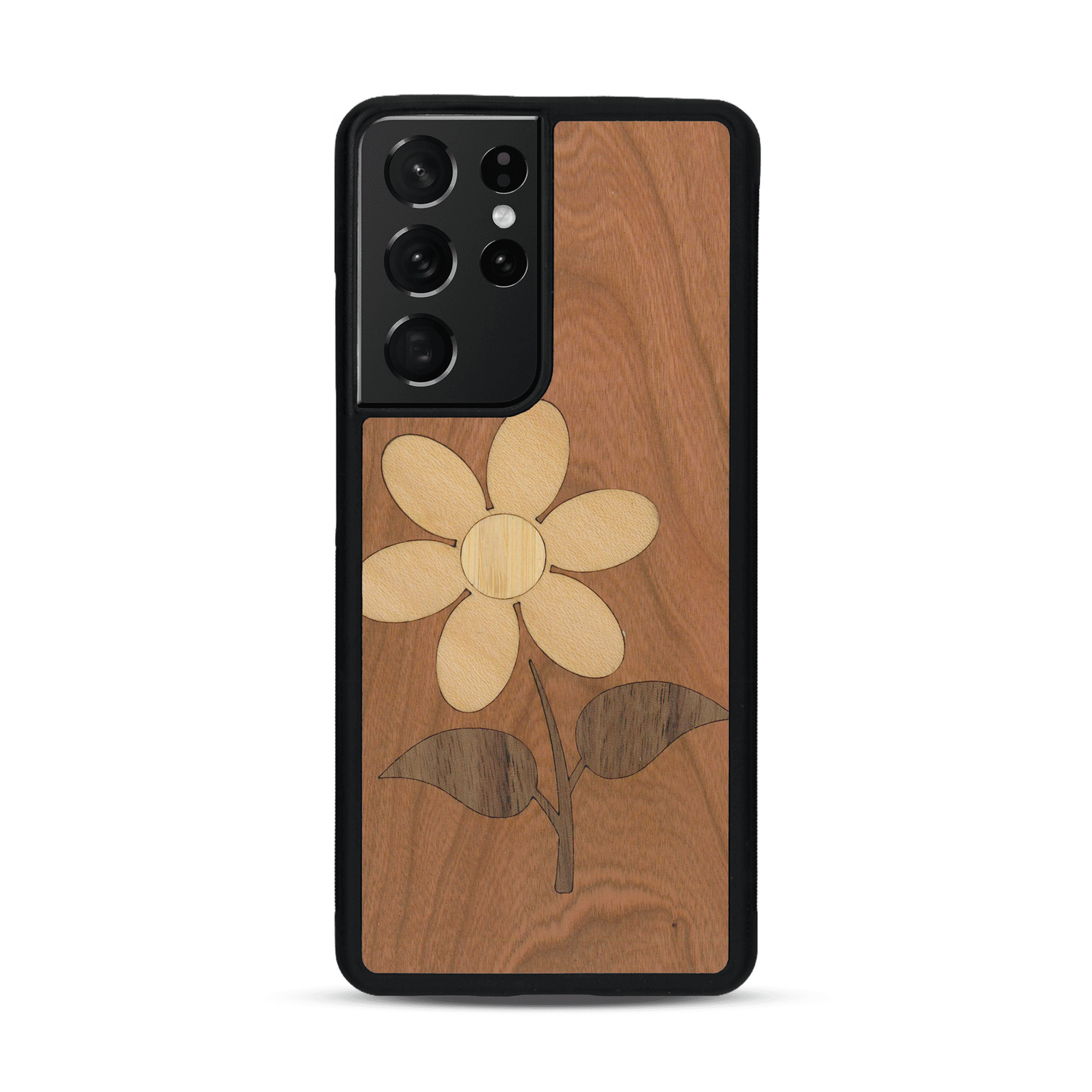 Coque de protection en bois véritable fabriquée en France pour  alliant plusieurs essences de bois pour représenter une marguerite