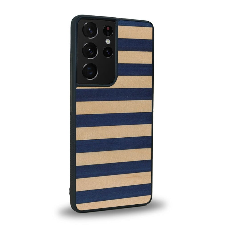 Coque de protection en bois véritable fabriquée en France pour Samsung S21 Ultra alliant plusieurs essences de bois pour représenter une marinière