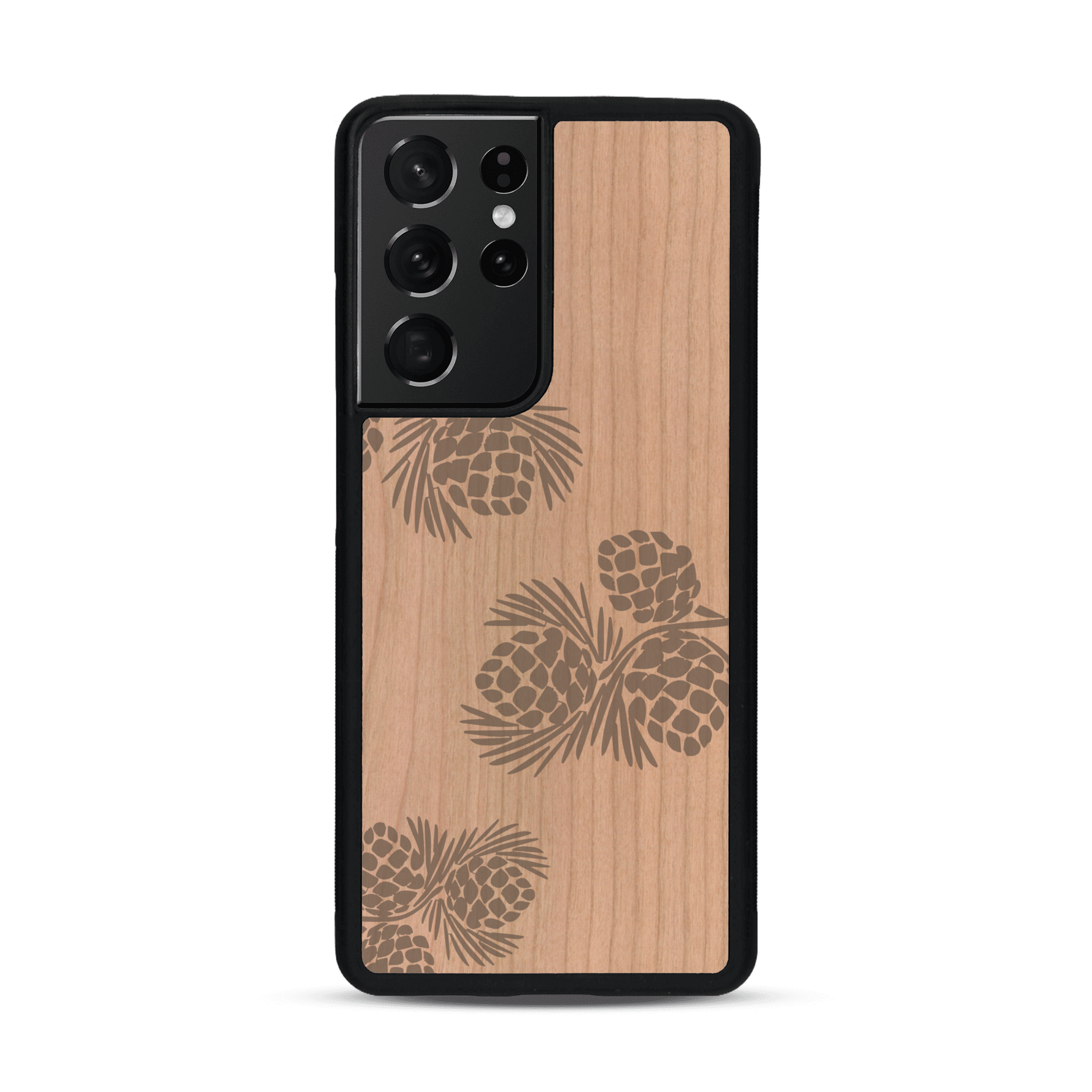 Coque de protection en bois véritable fabriquée en France pour  sur le thème de la nature des arbres avec un motif de gravure représentant des épines de sapin et des pommes de pin