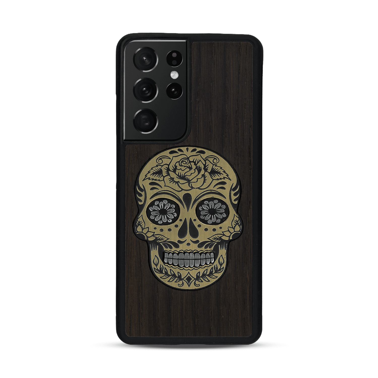 Coque de protection en bois véritable fabriquée en France pour  alliant du chêne fumé avec du métal argenté et doré représentant une tête de mort mexicaine sur le thème Dia de los Muertos