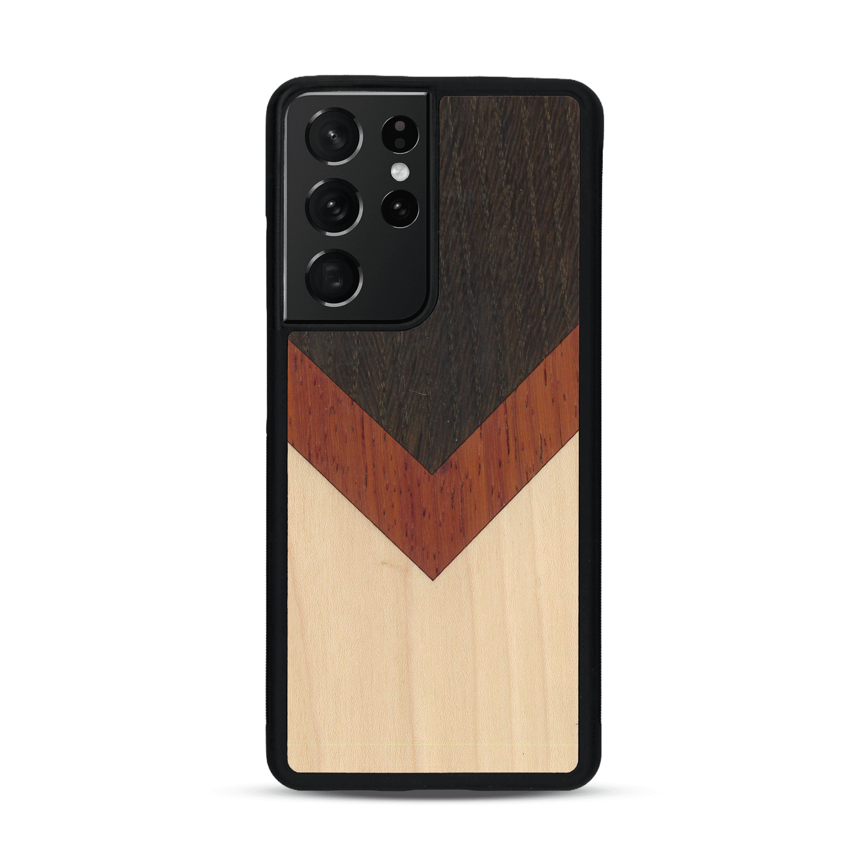 Coque de protection en bois véritable fabriquée en France pour  alliant du chêne fumé, du padouk et du bambou en forme de chevron sur le thème de l'art abstrait