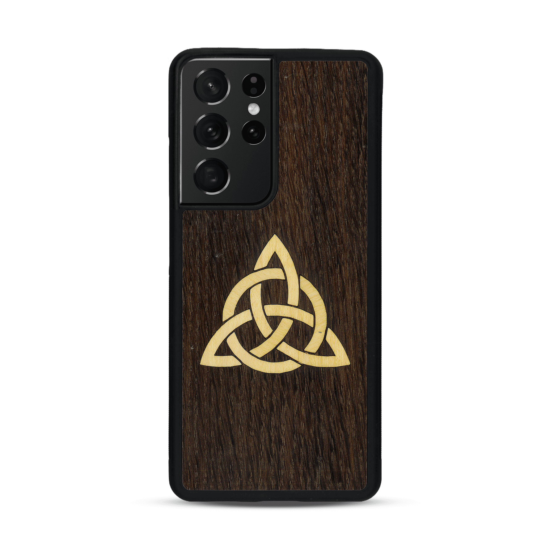 Coque de protection en bois véritable fabriquée en France pour  alliant du chêne fumé et du bambou représentant une triquetra