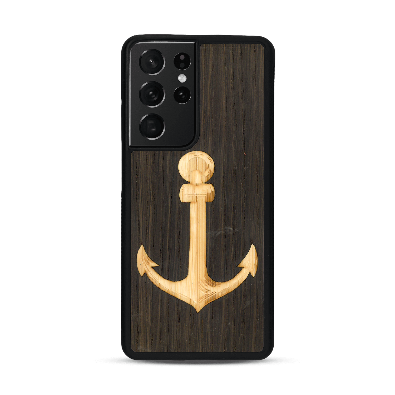Coque de protection en bois véritable fabriquée en France pour  sur le thème nautique avec un bois clair et un bois foncé représentant une ancre de bateau