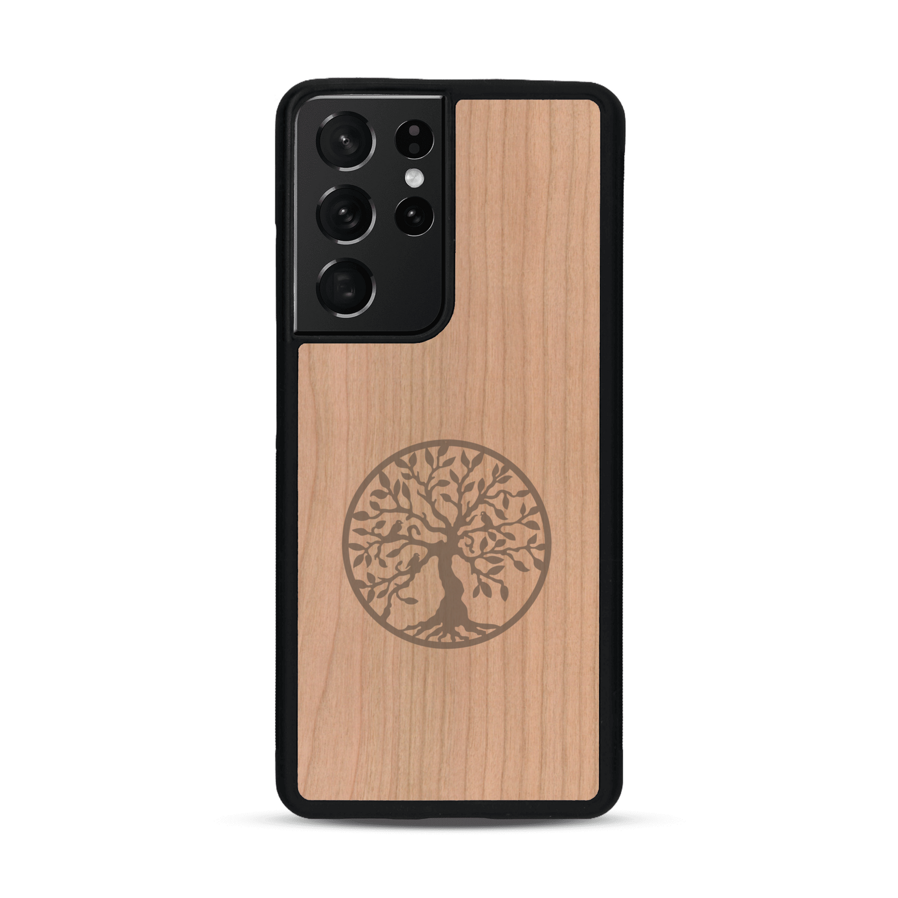 Coque de protection en bois véritable fabriquée en France pour  sur le thème de la spiritualité et du yoga avec une gravure zen représentant un arbre de vie