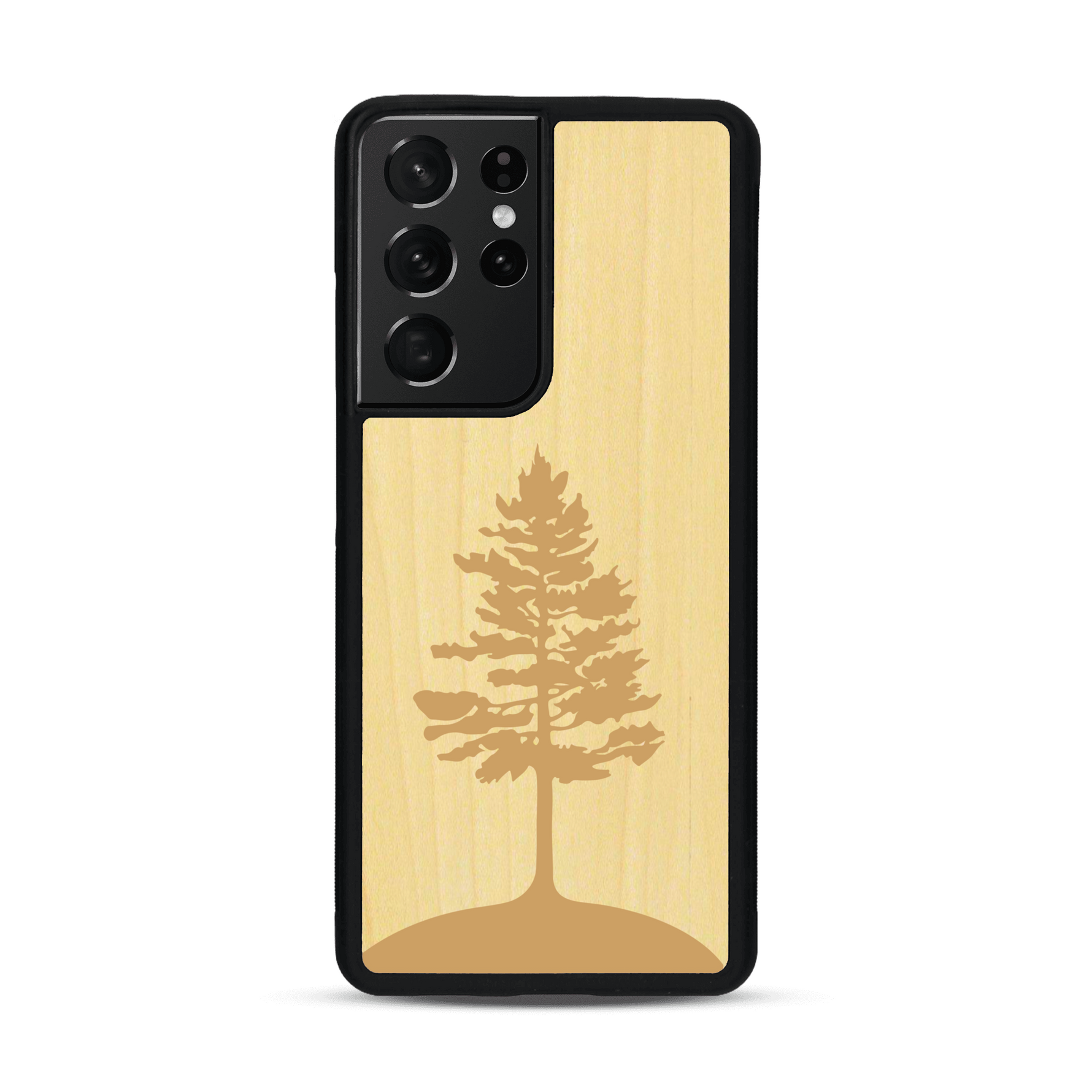 Coque de protection en bois véritable fabriquée en France pour  sur le thème de la nature, de la fôret et de l'écoresponsabilité avec une gravure représentant un arbre 