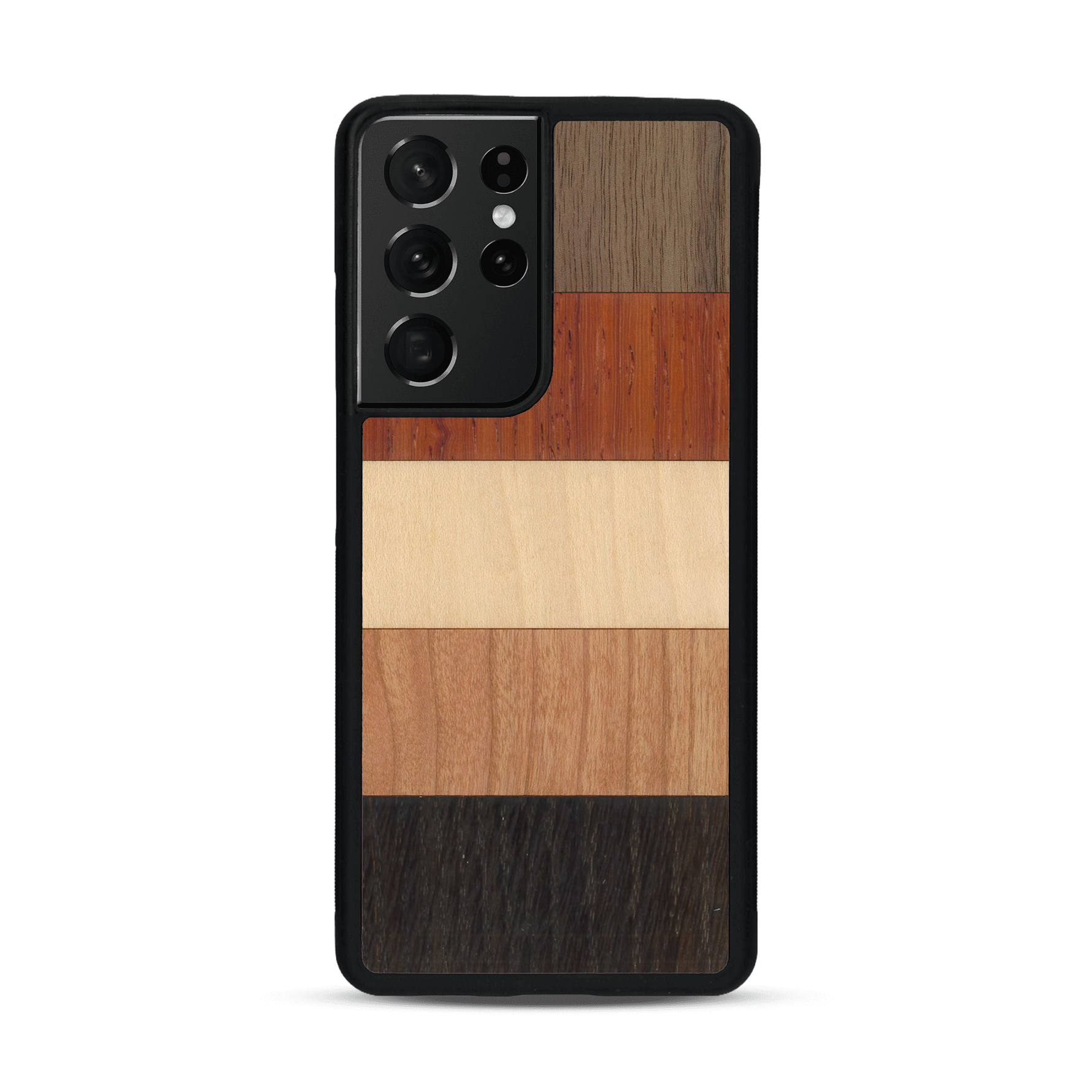 Coque de protection en bois véritable fabriquée en France pour  alliant des bandes horizontales de bambou, merisier, padouk, noyer et chêne fumé