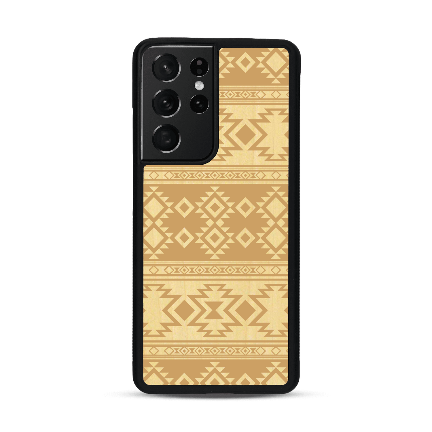 Coque de protection en bois véritable fabriquée en France pour  avec des motifs géométriques s'inspirant des temples aztèques, mayas et incas