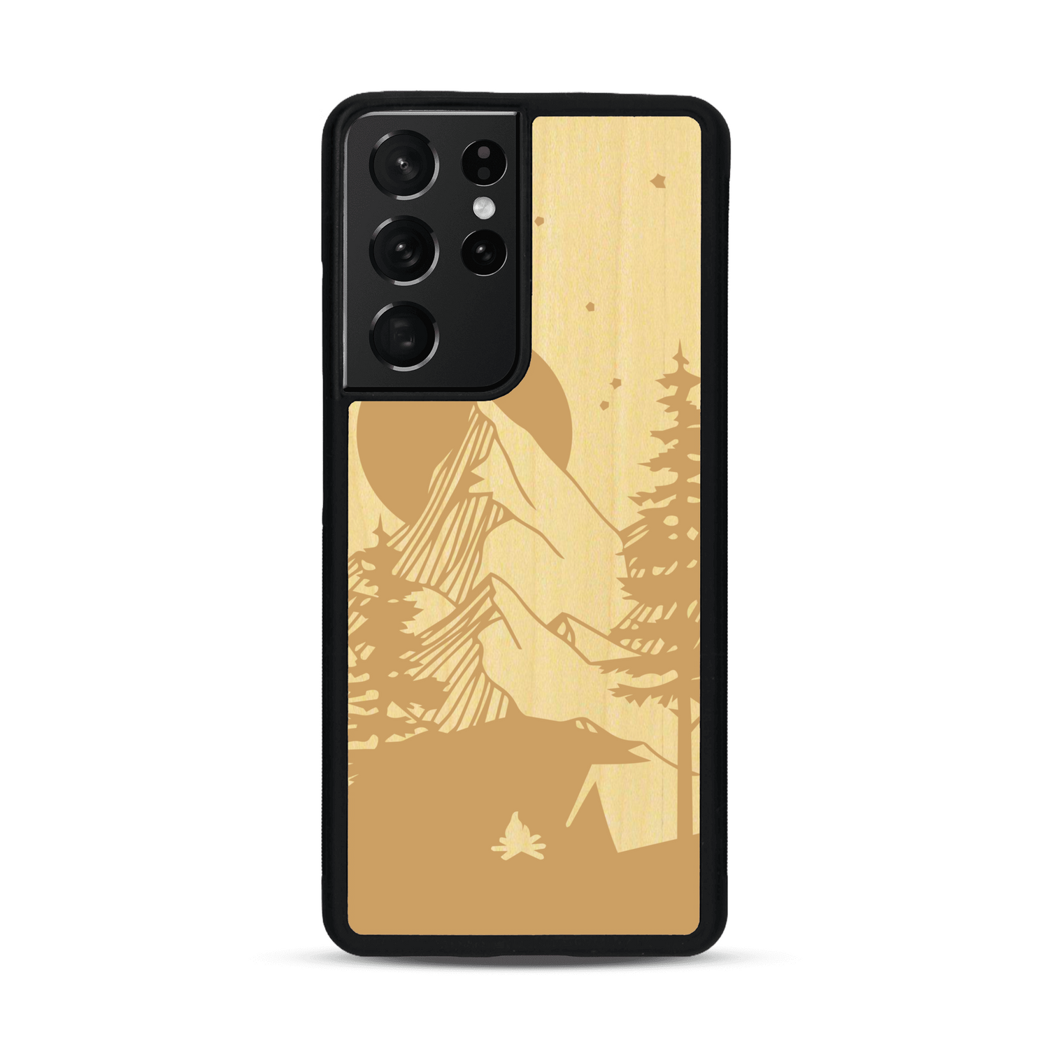 Coque de protection en bois véritable fabriquée en France pour  sur le thème du camping en pleine nature représentant une tente avec un feu de camp entouré de montagnes