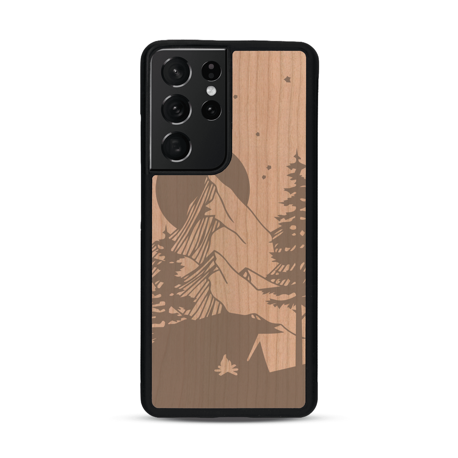 Coque de protection en bois véritable fabriquée en France pour  sur le thème du camping en pleine nature représentant une tente avec un feu de camp entouré de montagnes