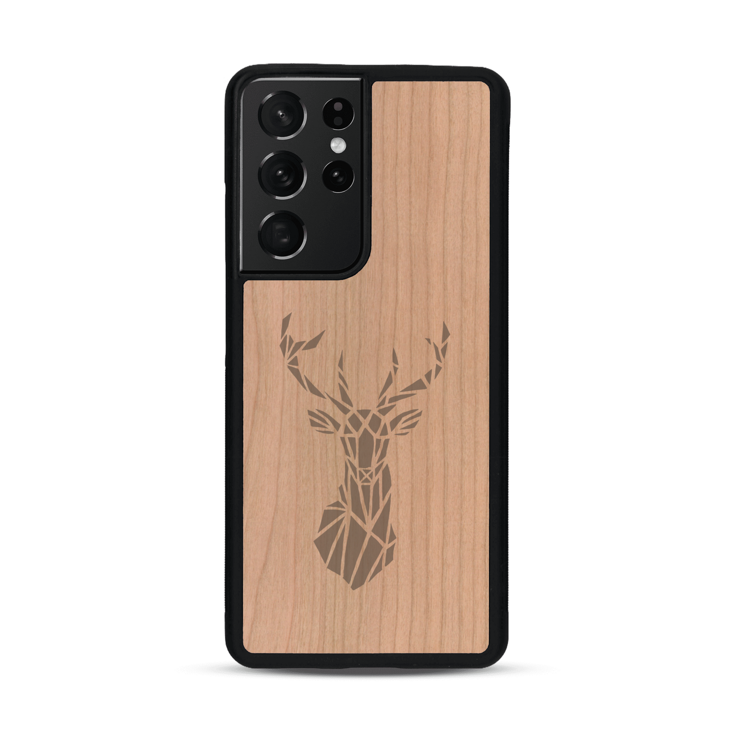 Coque de protection en bois véritable fabriquée en France pour  sur le thème de la nature et des animaux représentant une tête de cerf gométrique avec un design moderne et minimaliste