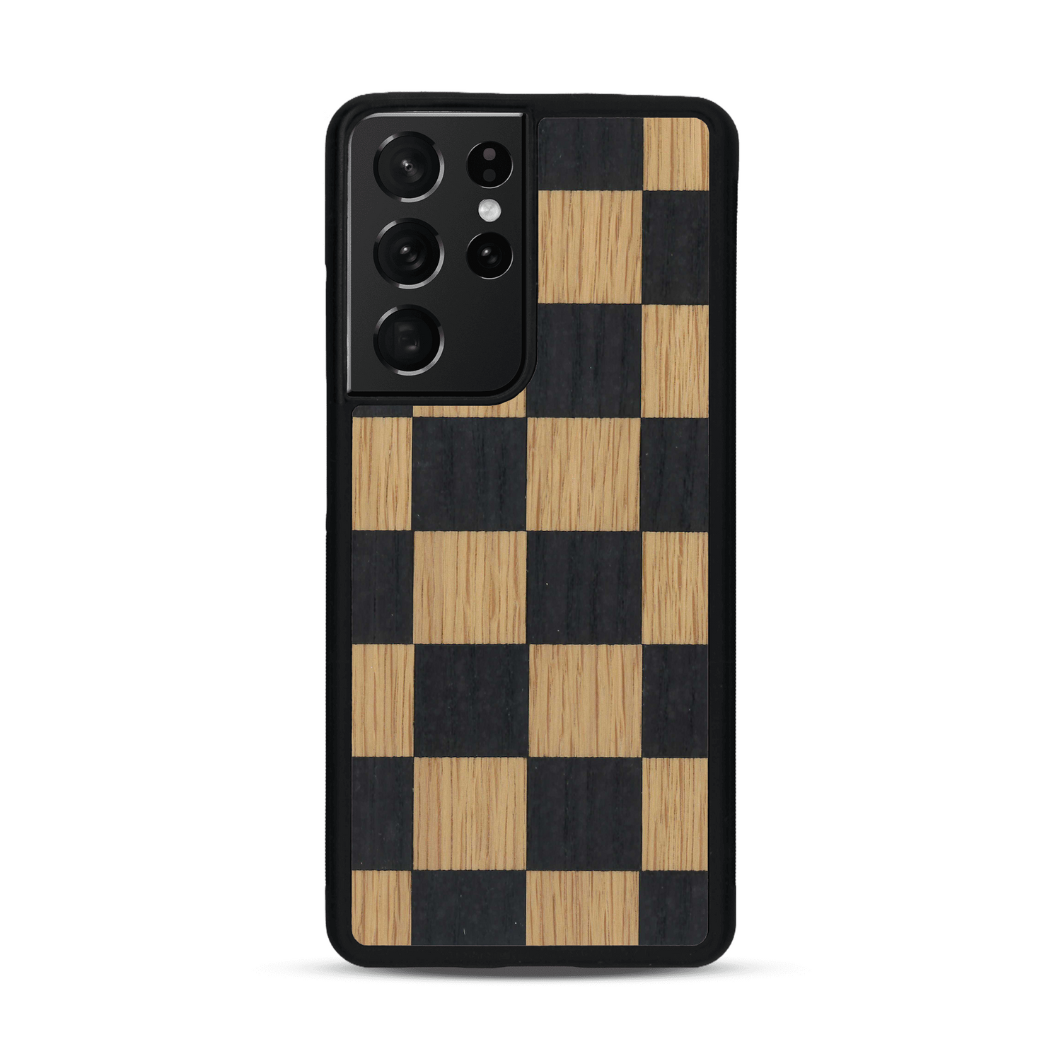 Coque de protection en bois véritable fabriquée en France pour  alliant plusieurs essences de bois pour représenter un damier