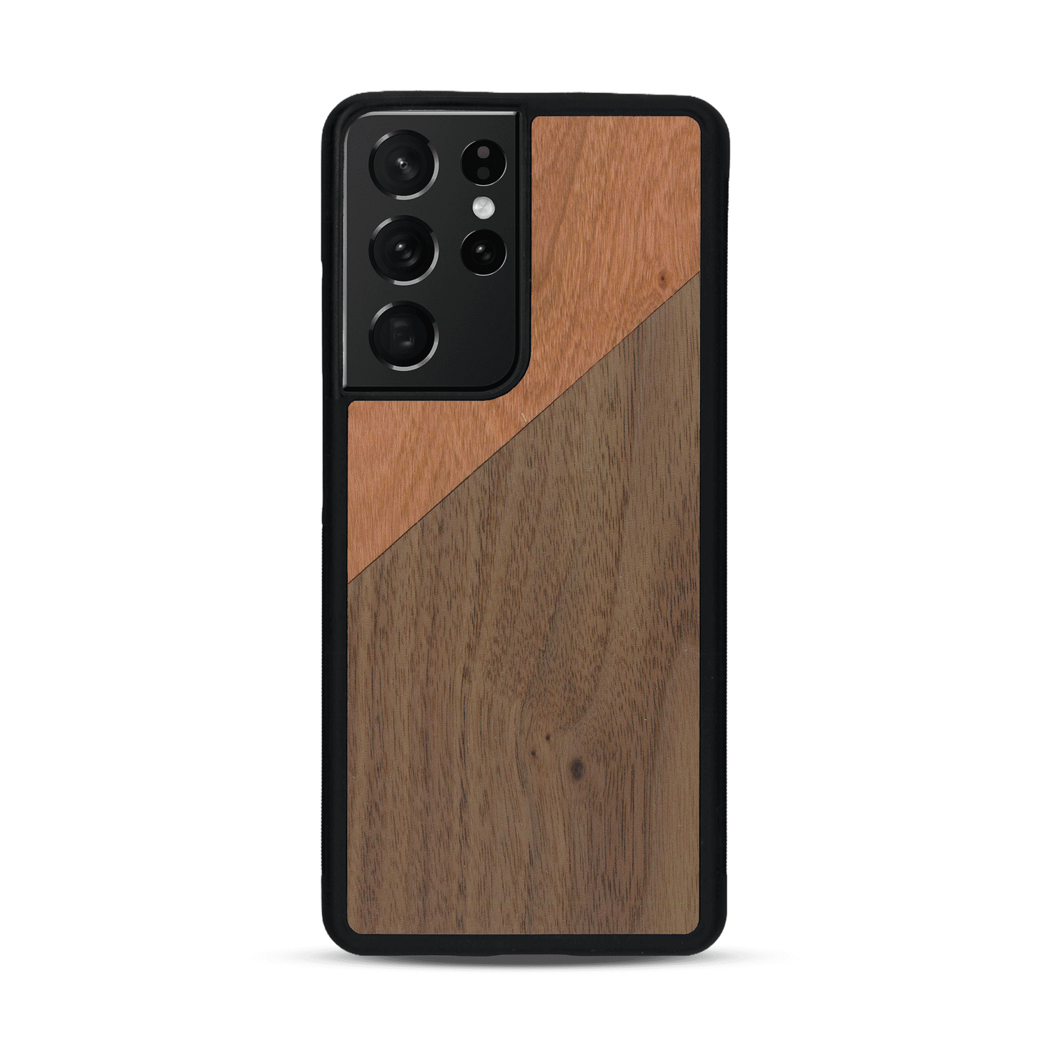Coque de protection en bois véritable fabriquée en France pour  alliant du merisier et du noyer formant chacun un triangle avec une jointure en diagonale sur le thème de l'art abstrait