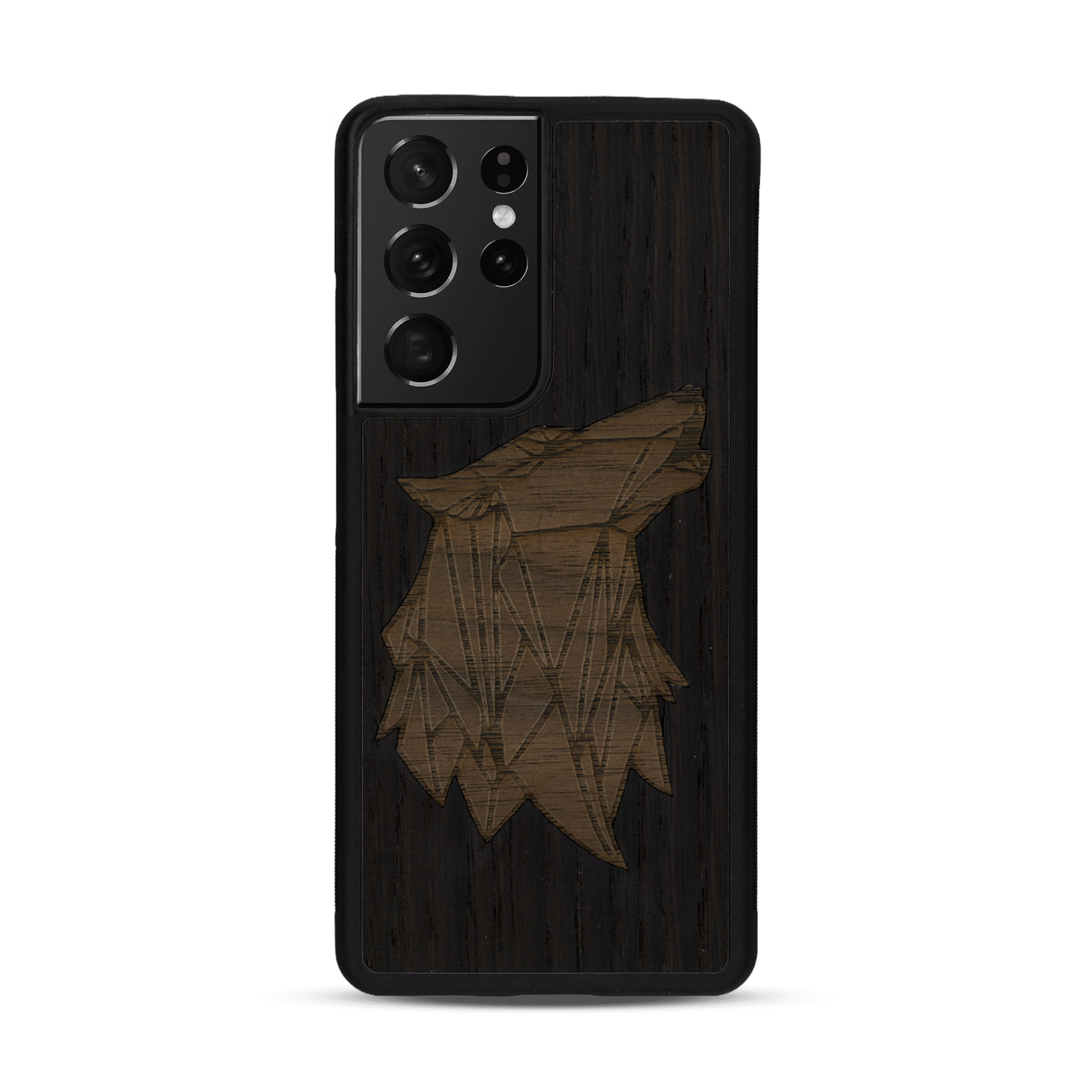 Coque de protection en bois véritable fabriquée en France pour  alliant du chêne fumé et du noyer représentant une tête de loup géométrique de profil sur le thème des animaux et de la nature