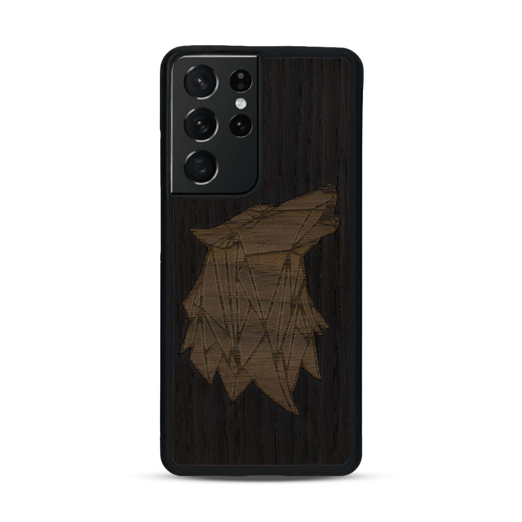 Coque de protection en bois véritable fabriquée en France pour  alliant du chêne fumé et du noyer représentant une tête de loup géométrique de profil sur le thème des animaux et de la nature