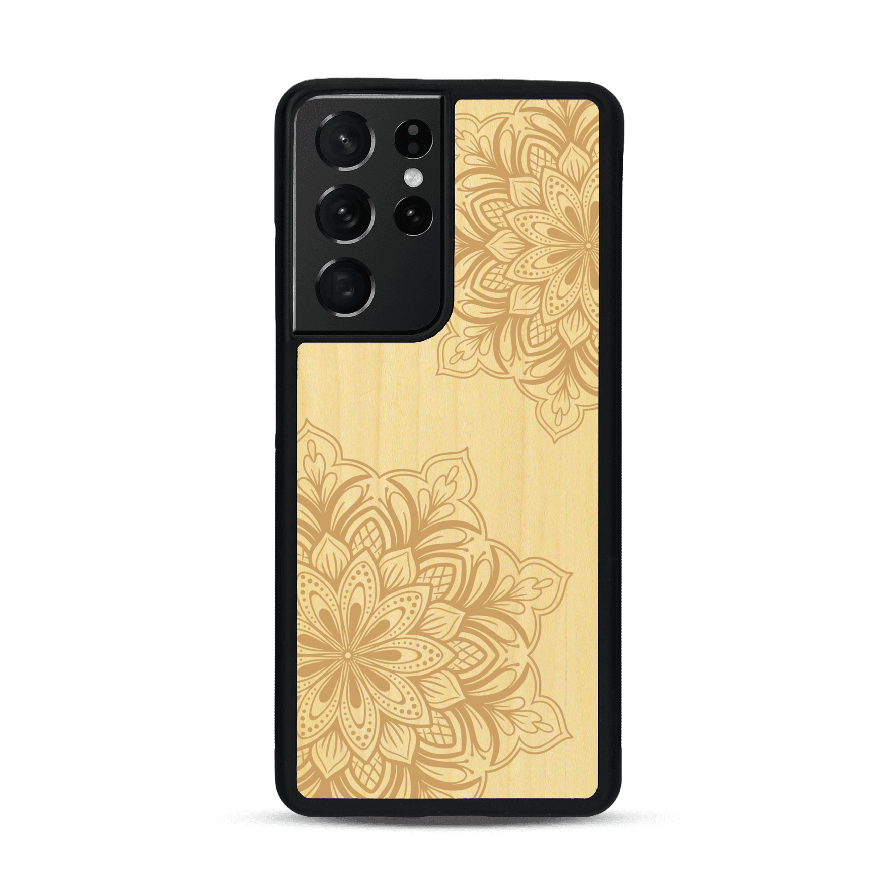 Coque de protection en bois véritable fabriquée en France pour  sur le thème de la bohème et du tatouage au henné avec une gravure représentant un mandala