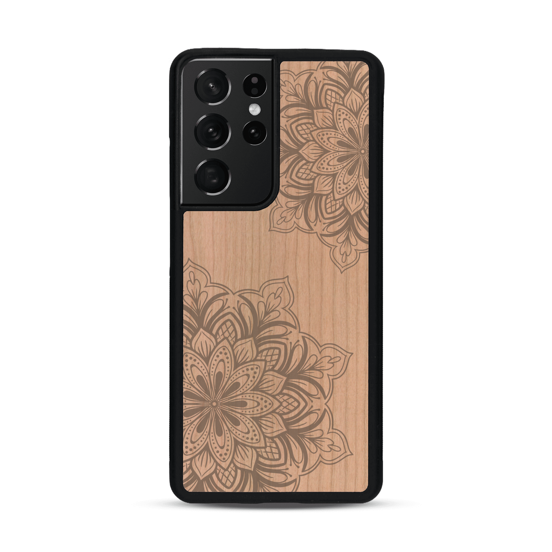 Coque de protection en bois véritable fabriquée en France pour  sur le thème de la bohème et du tatouage au henné avec une gravure représentant un mandala